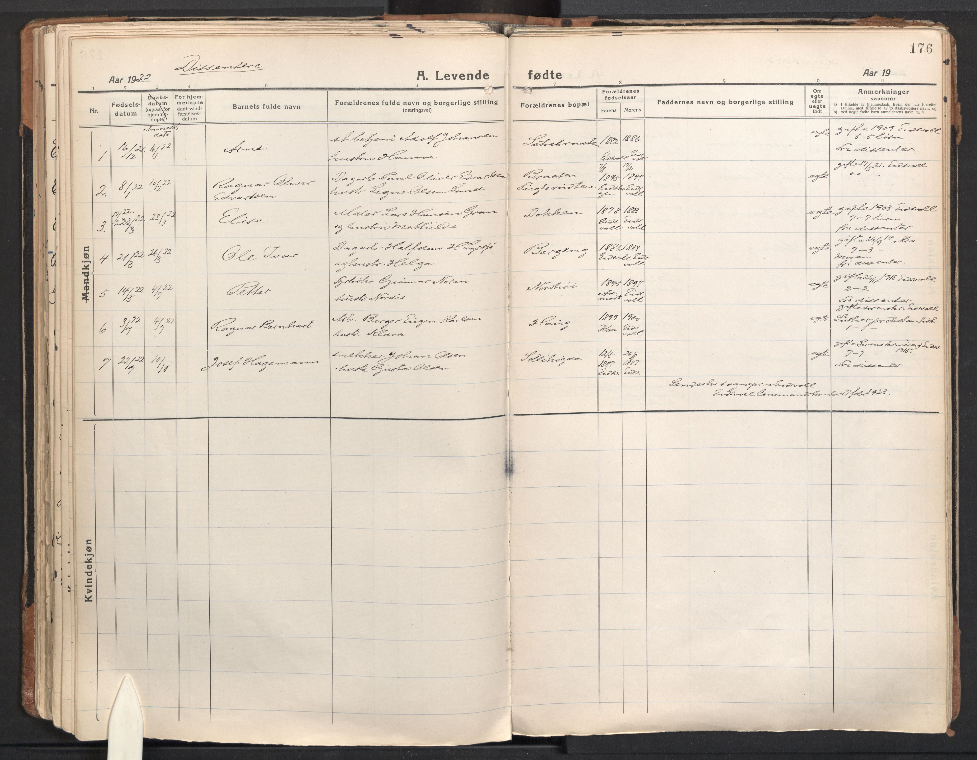 Eidsvoll prestekontor Kirkebøker, SAO/A-10888/F/Fa: Parish register (official) no. I 10, 1920-1933, p. 176