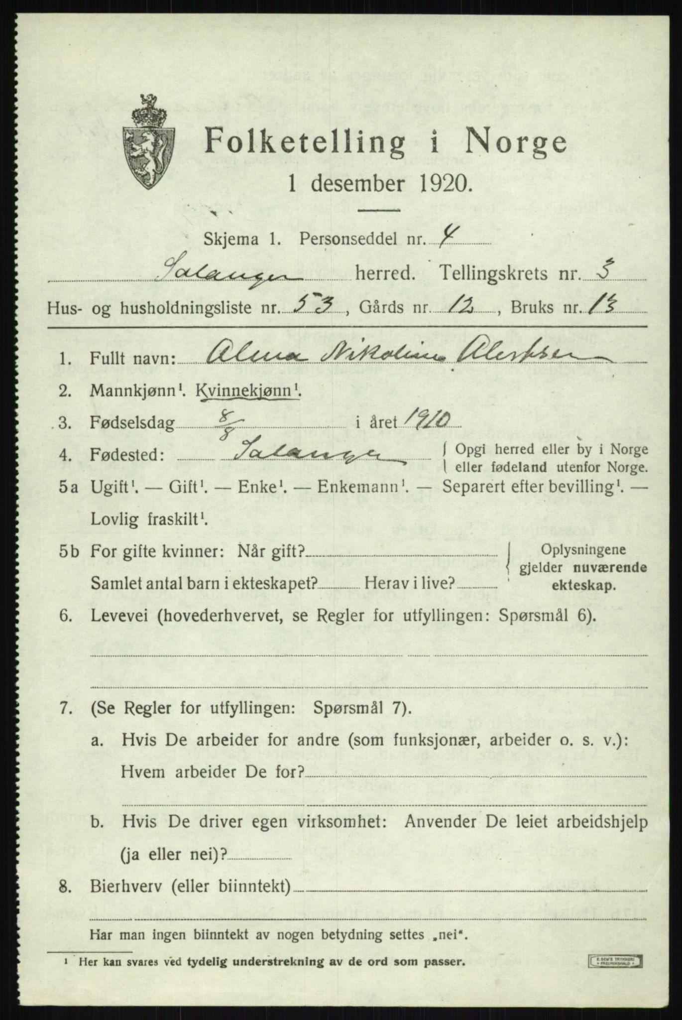 SATØ, 1920 census for Salangen, 1920, p. 2274