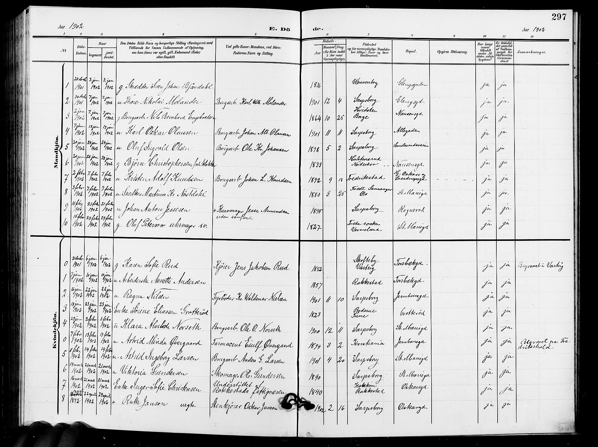 Sarpsborg prestekontor Kirkebøker, SAO/A-2006/G/Ga/L0001: Parish register (copy) no. 1, 1902-1911, p. 297