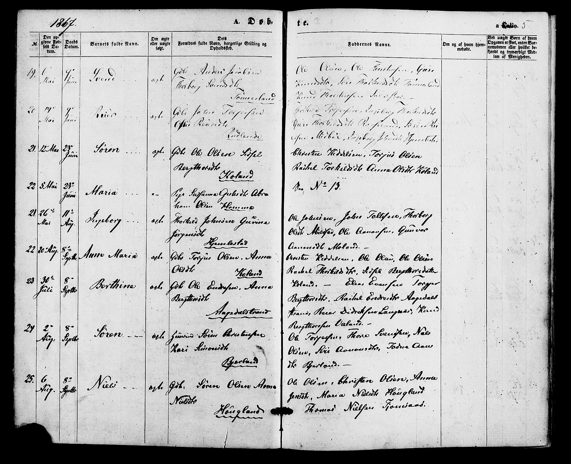 Bjelland sokneprestkontor, AV/SAK-1111-0005/F/Fa/Faa/L0003: Parish register (official) no. A 3, 1867-1887, p. 5