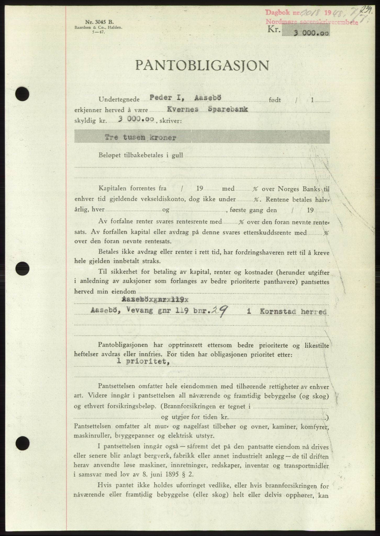 Nordmøre sorenskriveri, AV/SAT-A-4132/1/2/2Ca: Mortgage book no. B99, 1948-1948, Diary no: : 2018/1948