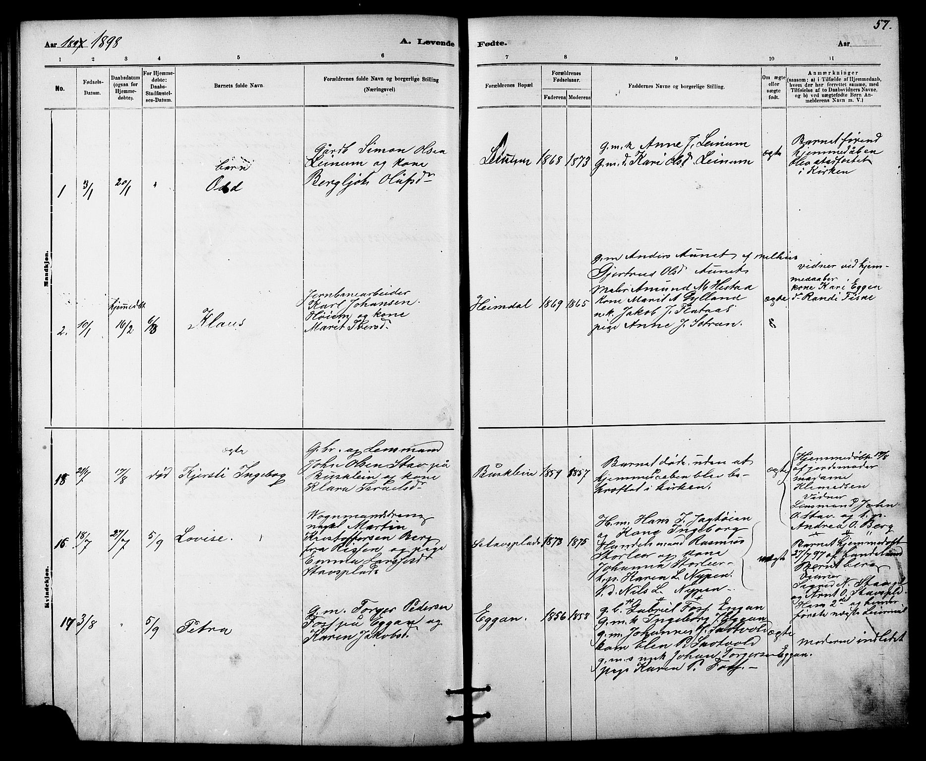 Ministerialprotokoller, klokkerbøker og fødselsregistre - Sør-Trøndelag, SAT/A-1456/613/L0395: Parish register (copy) no. 613C03, 1887-1909, p. 57