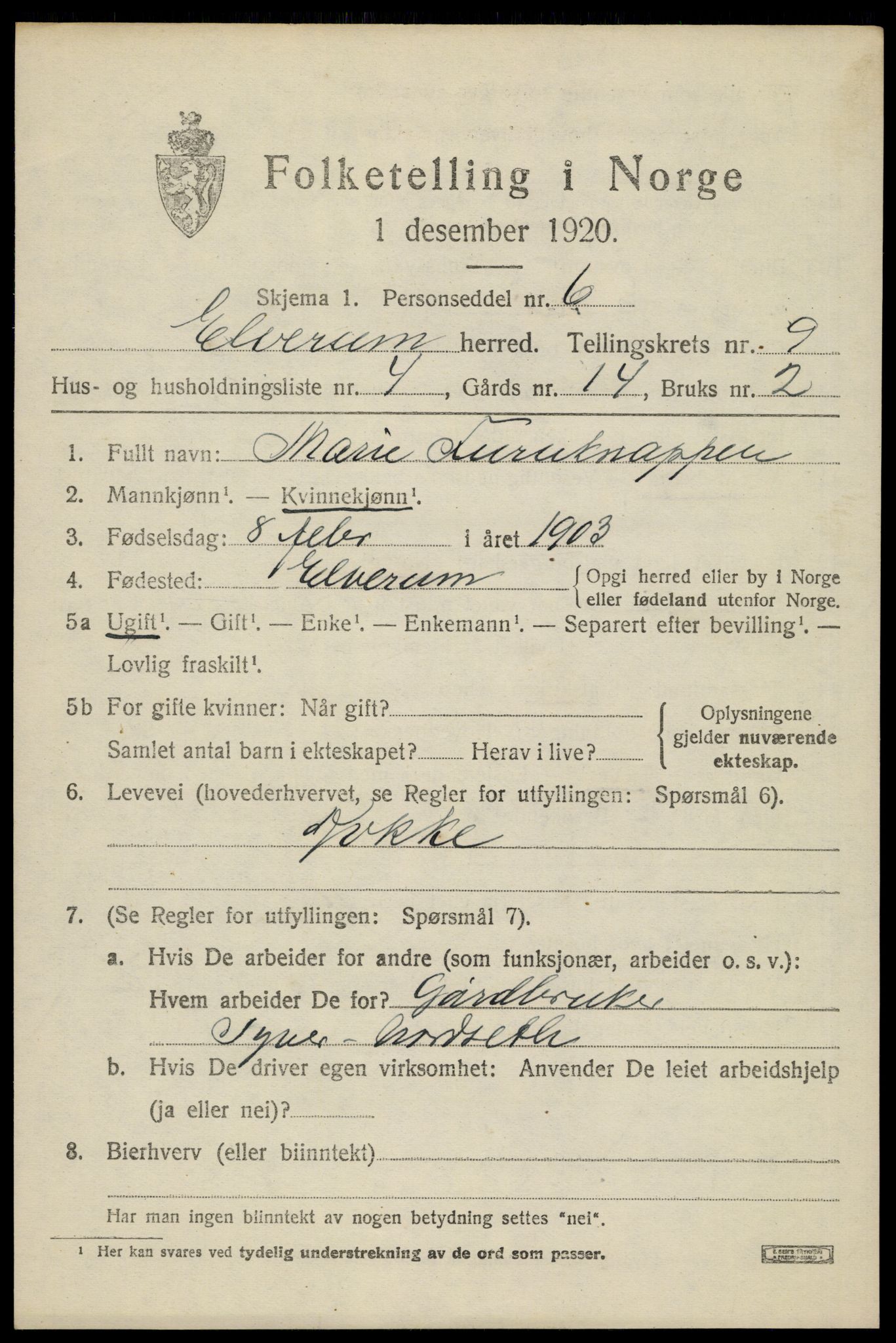 SAH, 1920 census for Elverum, 1920, p. 15600