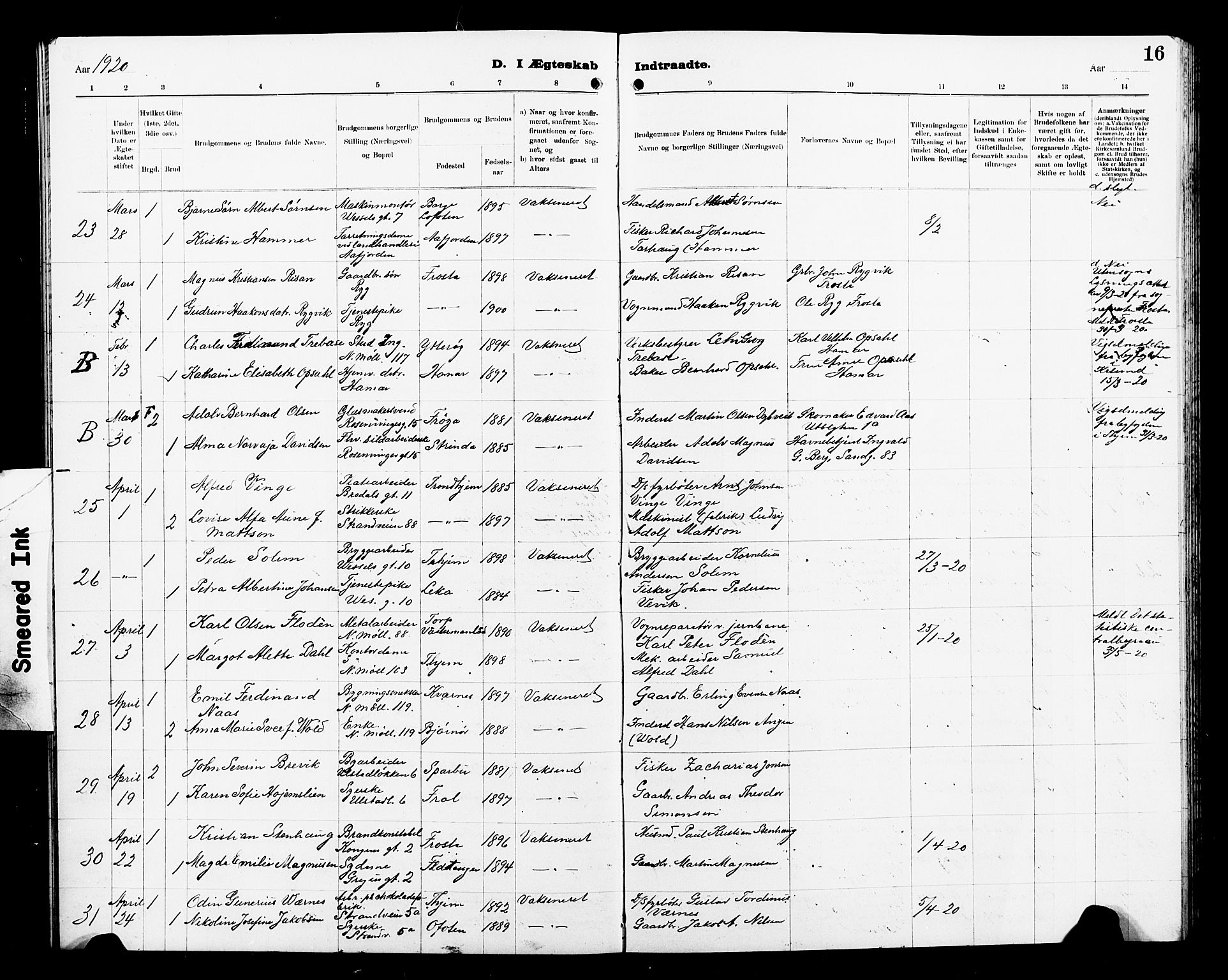 Ministerialprotokoller, klokkerbøker og fødselsregistre - Sør-Trøndelag, SAT/A-1456/605/L0257: Parish register (copy) no. 605C04, 1916-1922, p. 16