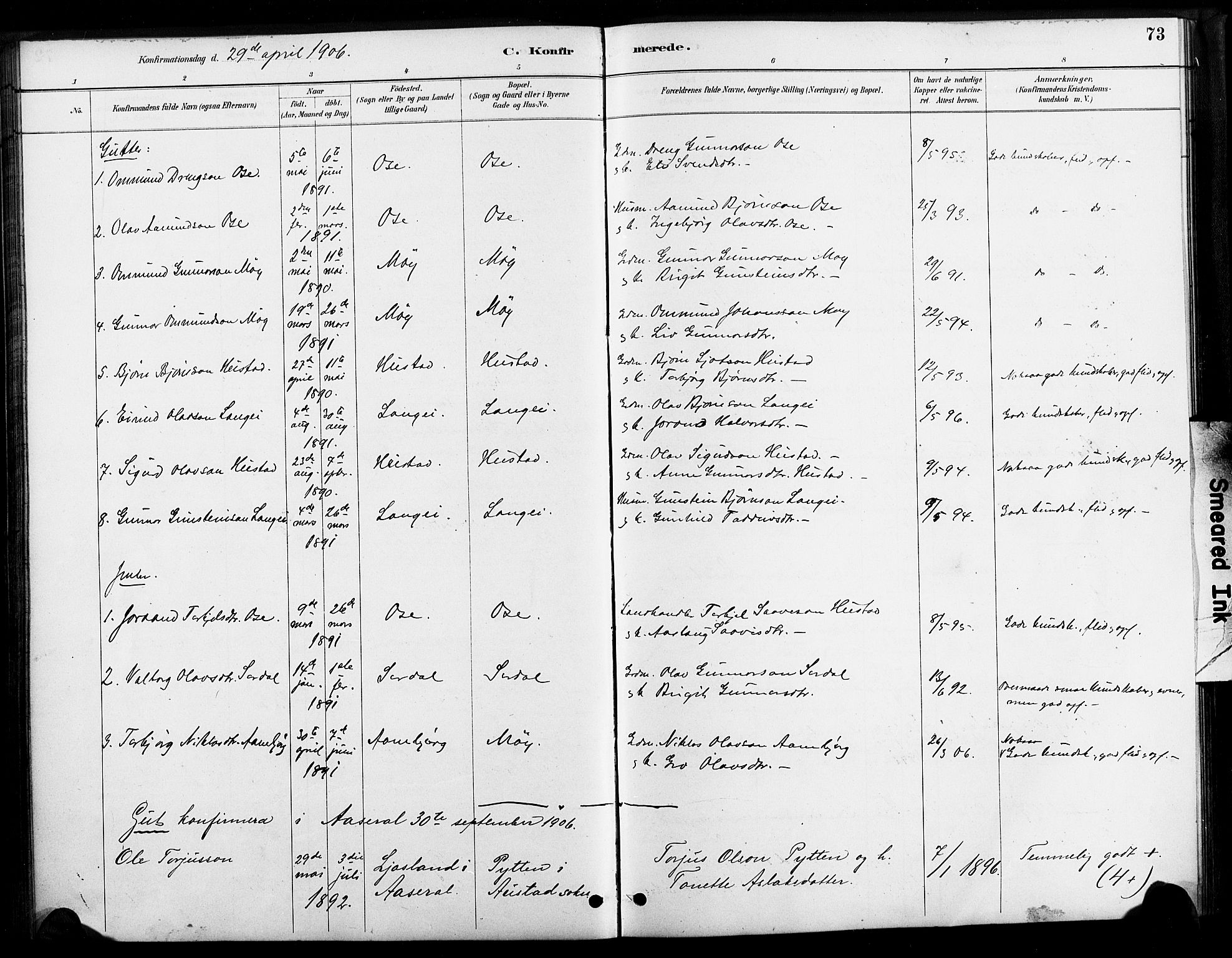 Bygland sokneprestkontor, SAK/1111-0006/F/Fa/Faa/L0001: Parish register (official) no. A 1, 1885-1908, p. 73