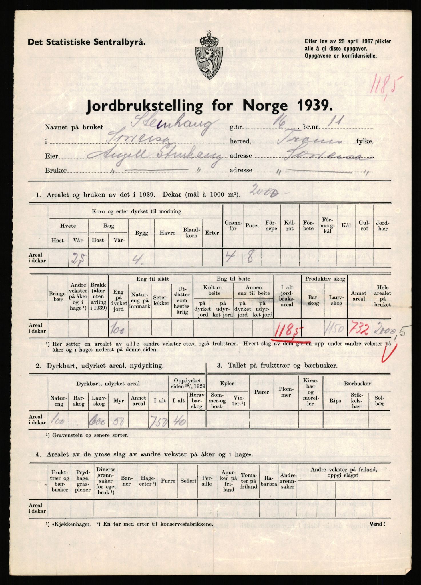 Statistisk sentralbyrå, Næringsøkonomiske emner, Jordbruk, skogbruk, jakt, fiske og fangst, AV/RA-S-2234/G/Gb/L0341: Troms: Sørreisa og Tranøy, 1939, p. 844