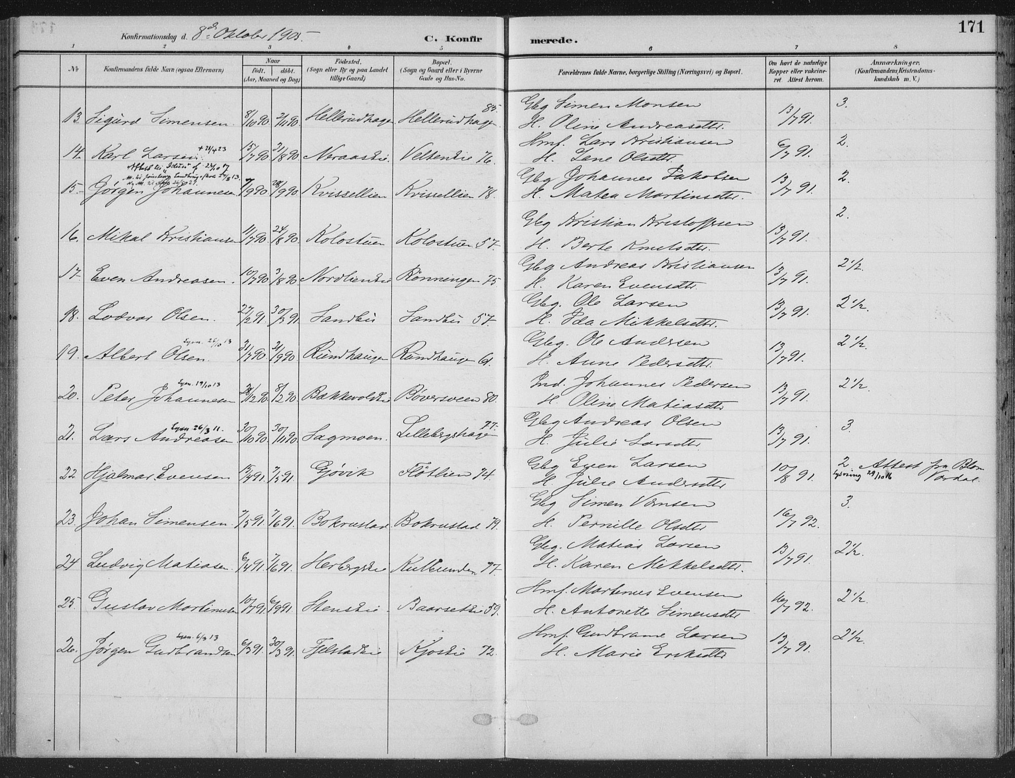 Ringsaker prestekontor, SAH/PREST-014/K/Ka/L0018: Parish register (official) no. 18, 1903-1912, p. 171