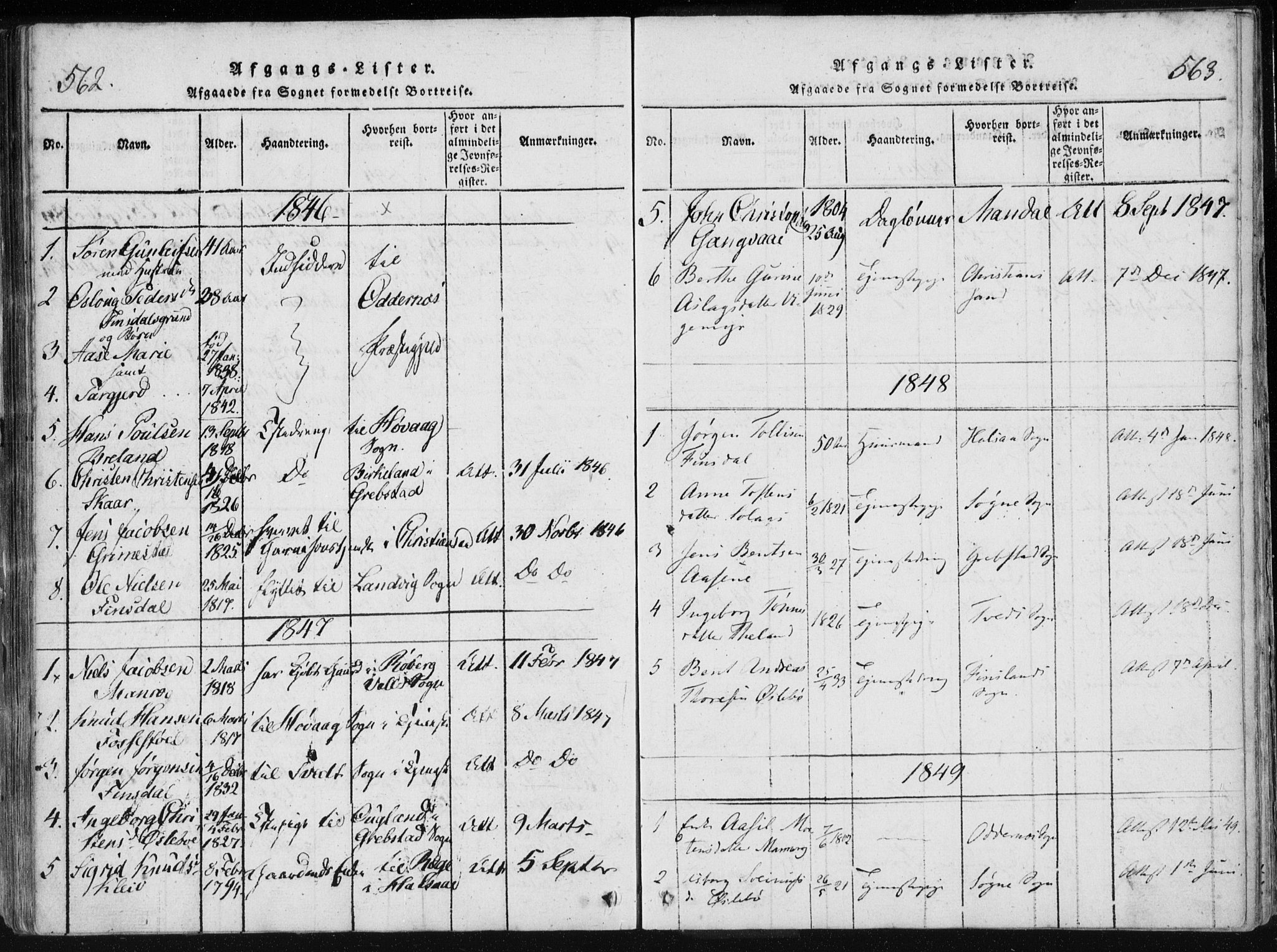 Holum sokneprestkontor, AV/SAK-1111-0022/F/Fa/Fac/L0002: Parish register (official) no. A 2, 1821-1859, p. 562-563