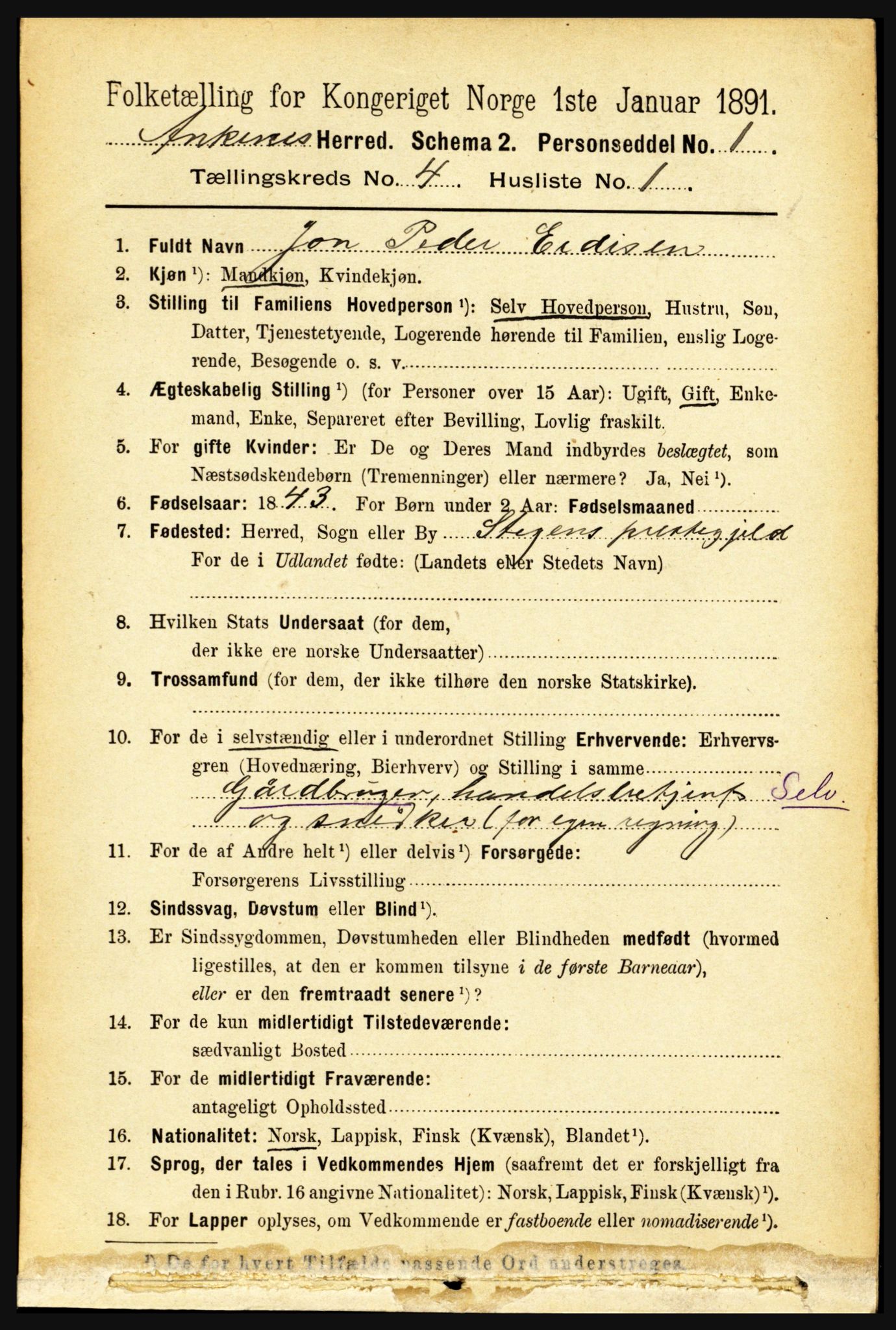 RA, 1891 census for 1855 Ankenes, 1891, p. 2310