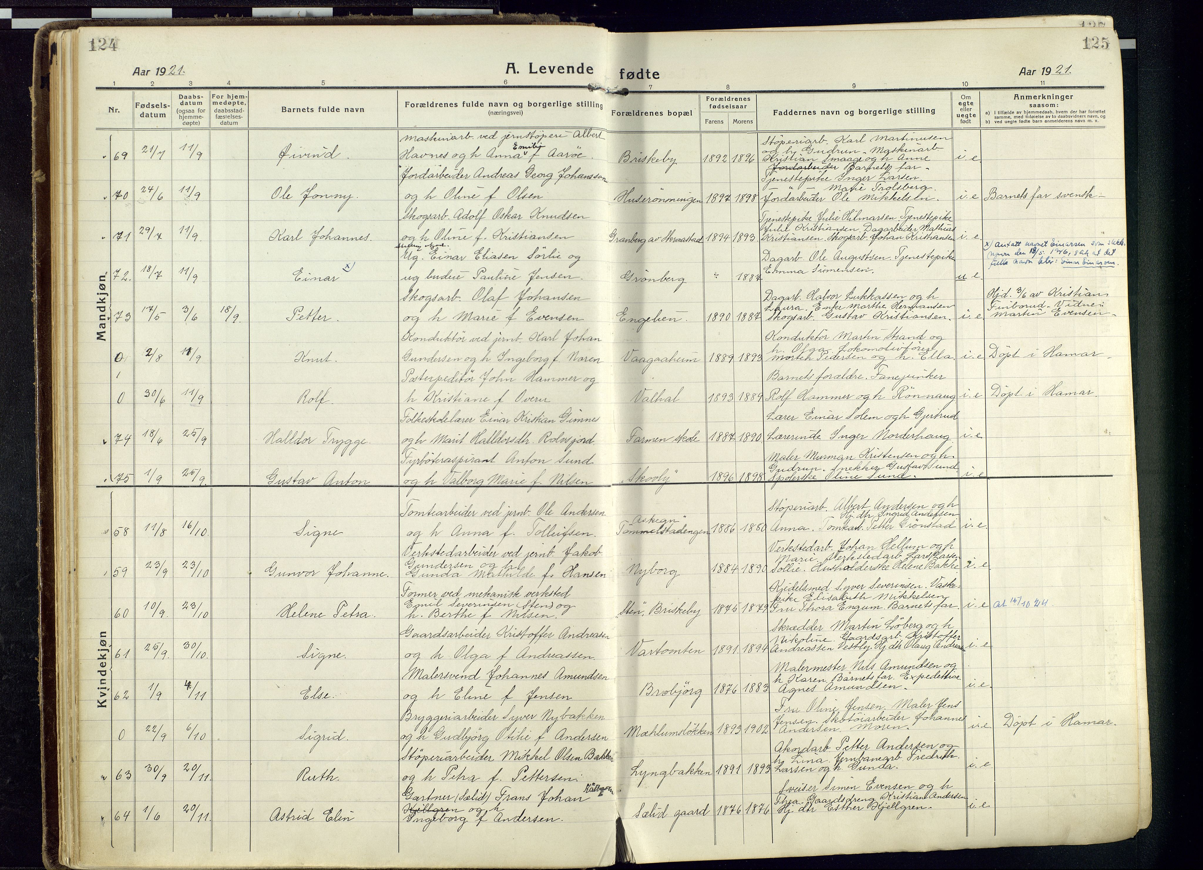Vang prestekontor, Hedmark, SAH/PREST-008/H/Ha/Haa/L0022: Parish register (official) no. 22, 1918-1944, p. 124-125