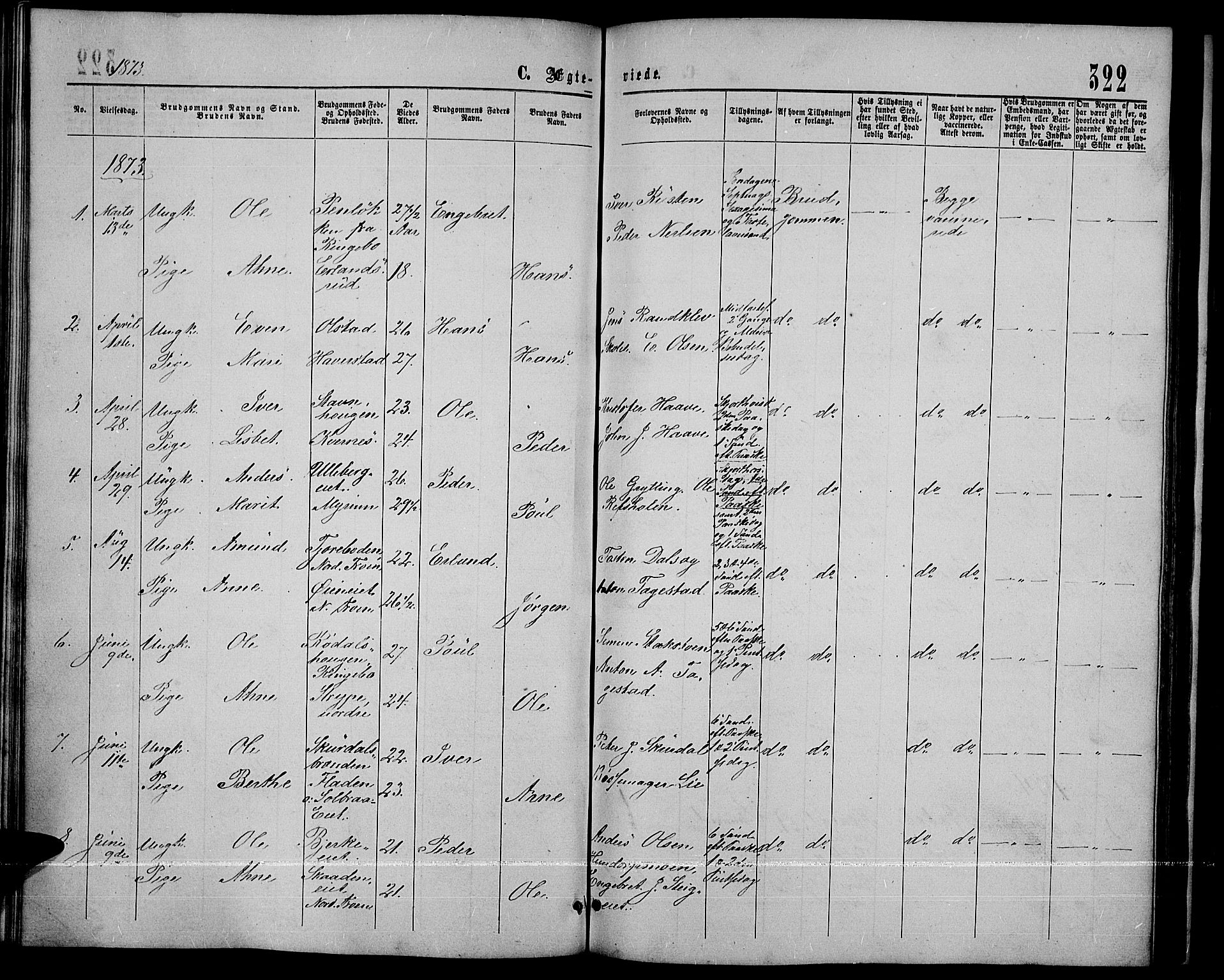 Sør-Fron prestekontor, SAH/PREST-010/H/Ha/Hab/L0002: Parish register (copy) no. 2, 1864-1883, p. 322