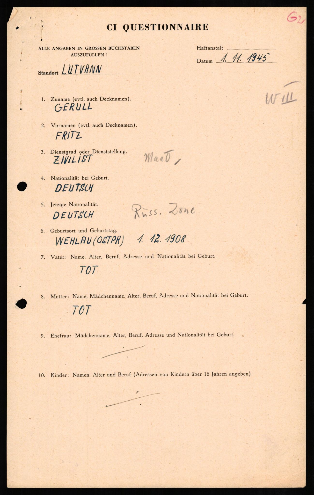 Forsvaret, Forsvarets overkommando II, AV/RA-RAFA-3915/D/Db/L0009: CI Questionaires. Tyske okkupasjonsstyrker i Norge. Tyskere., 1945-1946, p. 468