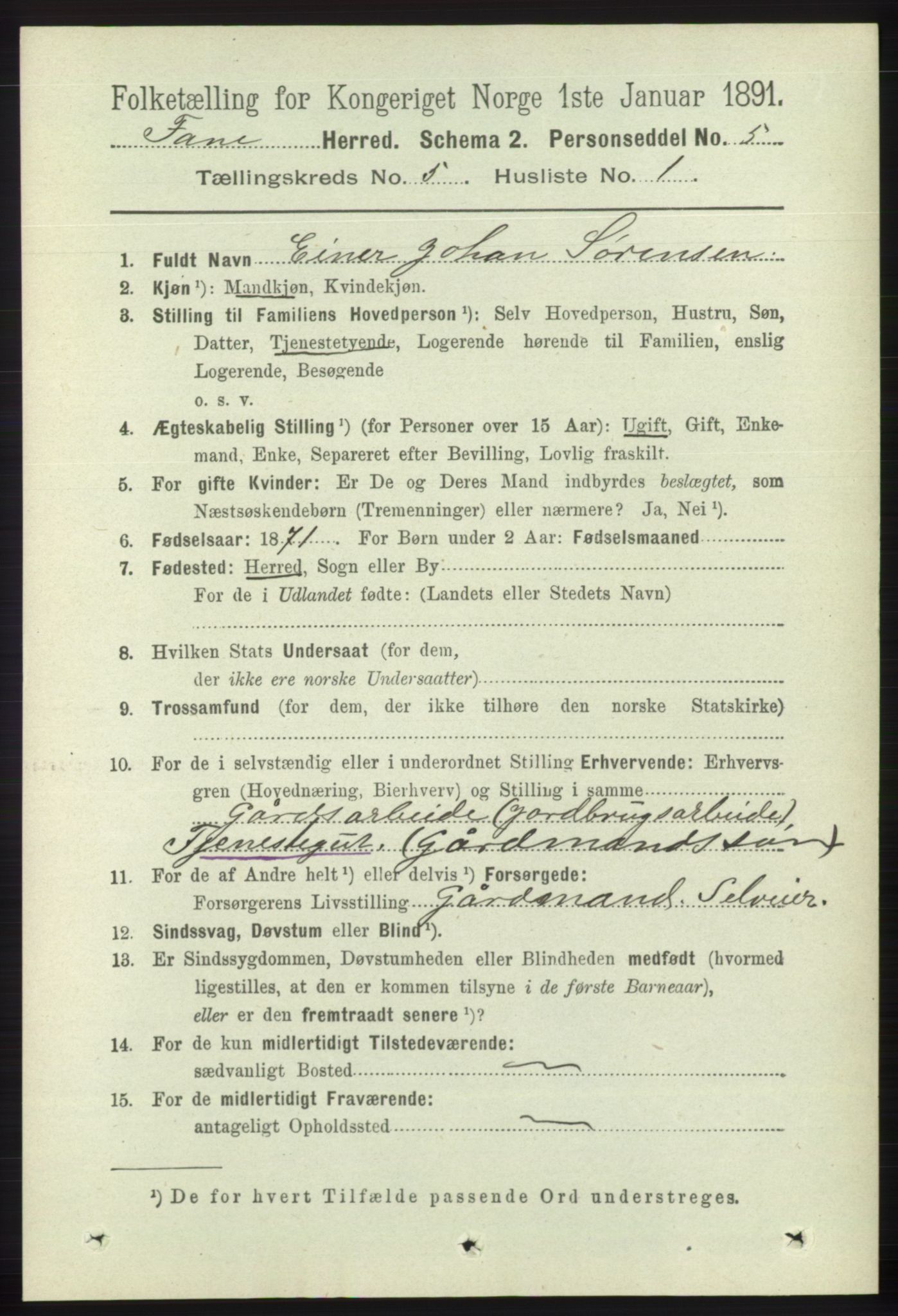 RA, 1891 census for 1249 Fana, 1891, p. 2051