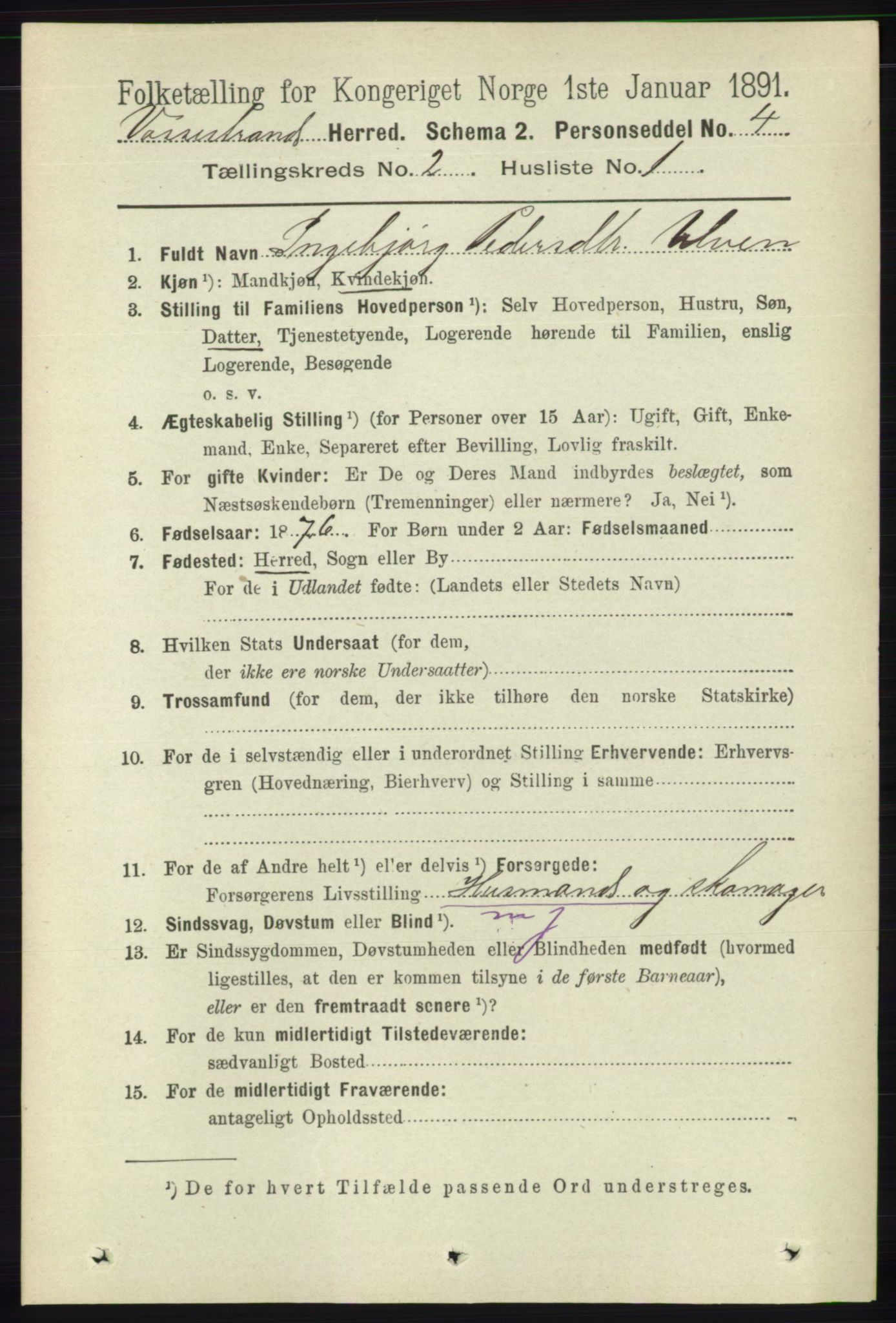 RA, 1891 census for 1236 Vossestrand, 1891, p. 722