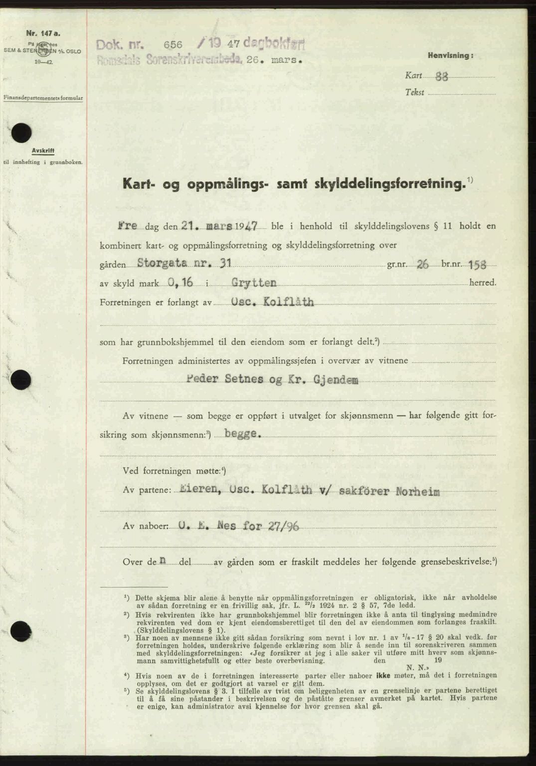 Romsdal sorenskriveri, AV/SAT-A-4149/1/2/2C: Mortgage book no. A22, 1947-1947, Diary no: : 656/1947