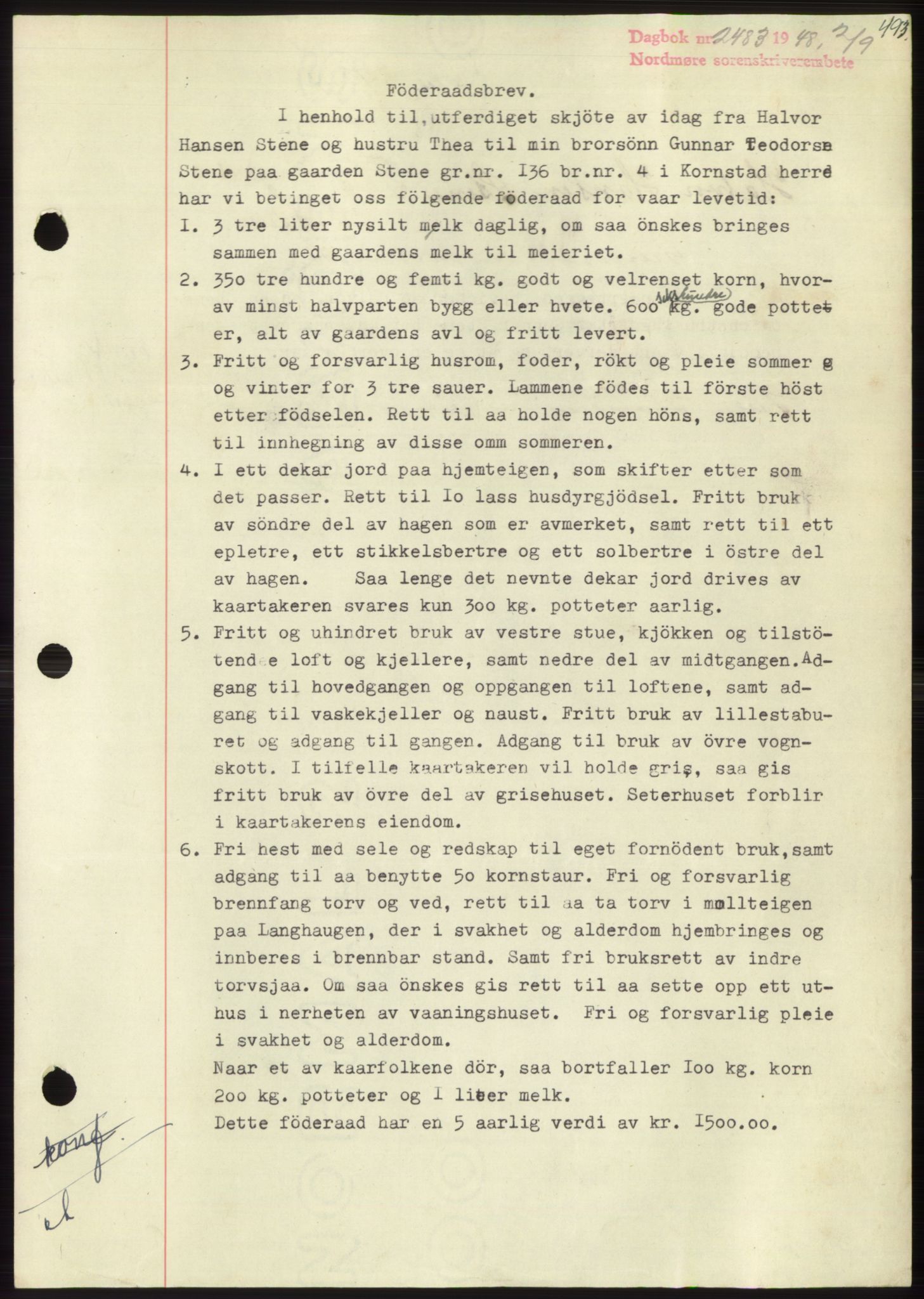 Nordmøre sorenskriveri, AV/SAT-A-4132/1/2/2Ca: Mortgage book no. B99, 1948-1948, Diary no: : 2483/1948