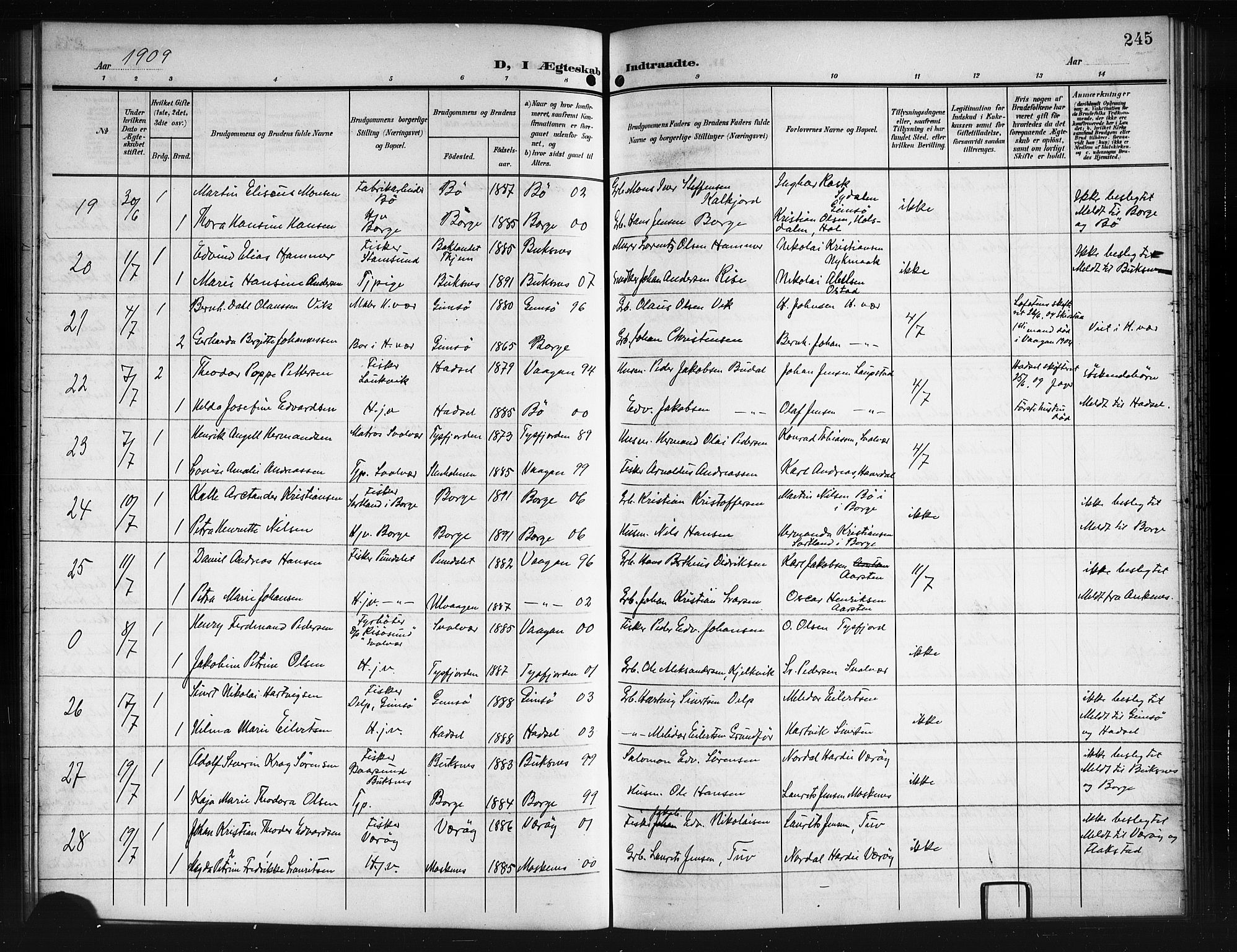 Ministerialprotokoller, klokkerbøker og fødselsregistre - Nordland, AV/SAT-A-1459/874/L1079: Parish register (copy) no. 874C08, 1907-1915, p. 245