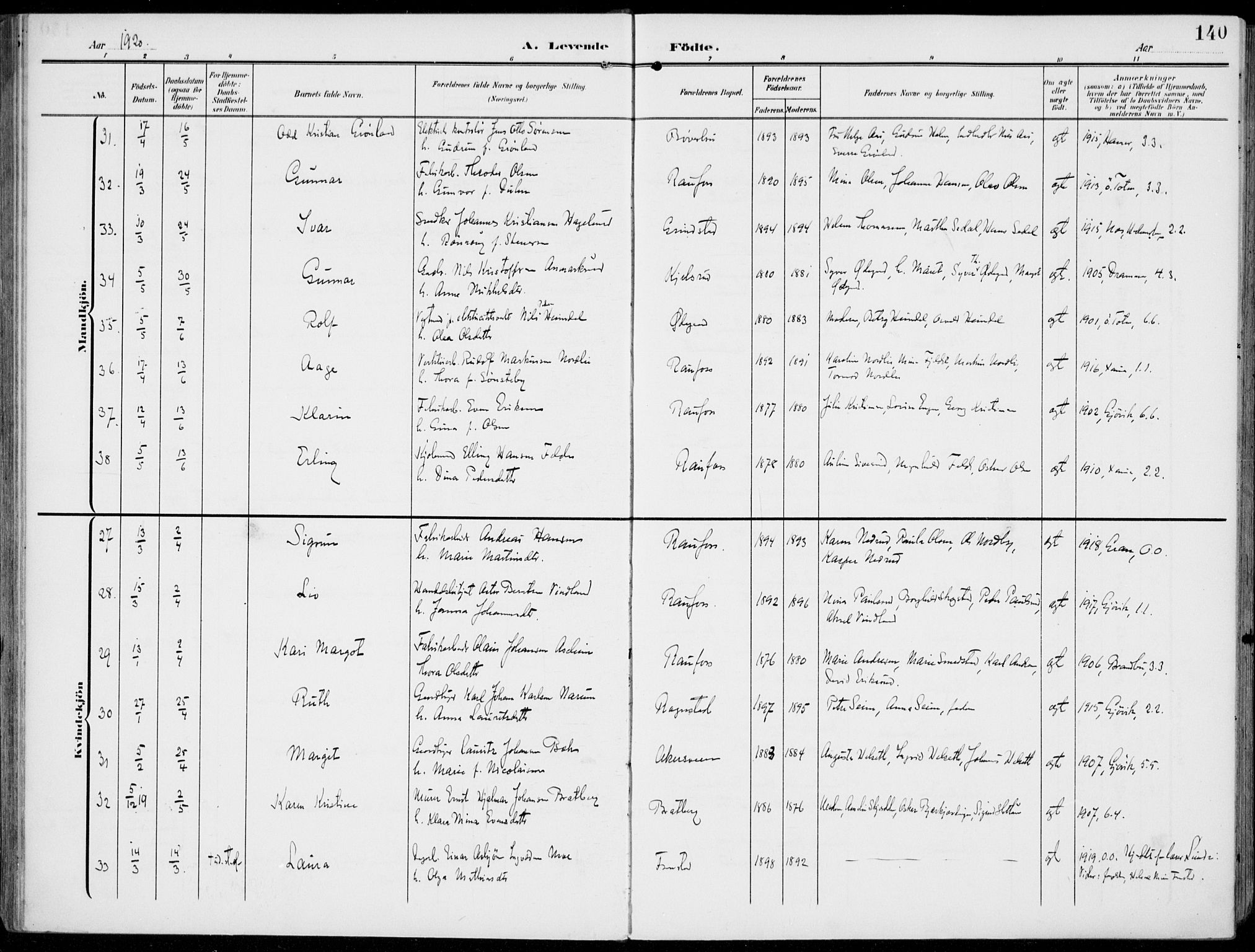 Vestre Toten prestekontor, AV/SAH-PREST-108/H/Ha/Haa/L0014: Parish register (official) no. 14, 1907-1920, p. 140