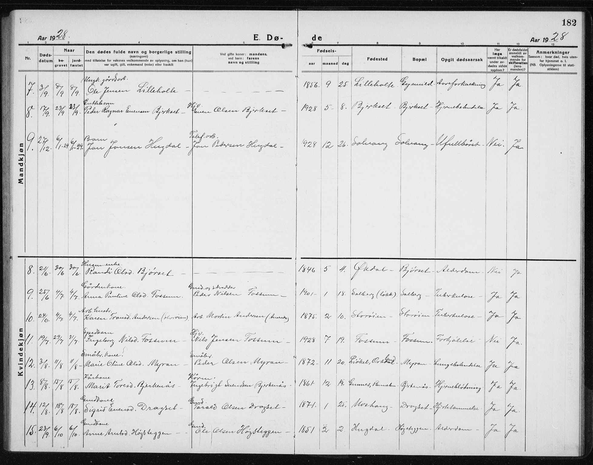 Ministerialprotokoller, klokkerbøker og fødselsregistre - Sør-Trøndelag, SAT/A-1456/689/L1045: Parish register (copy) no. 689C04, 1923-1940, p. 182