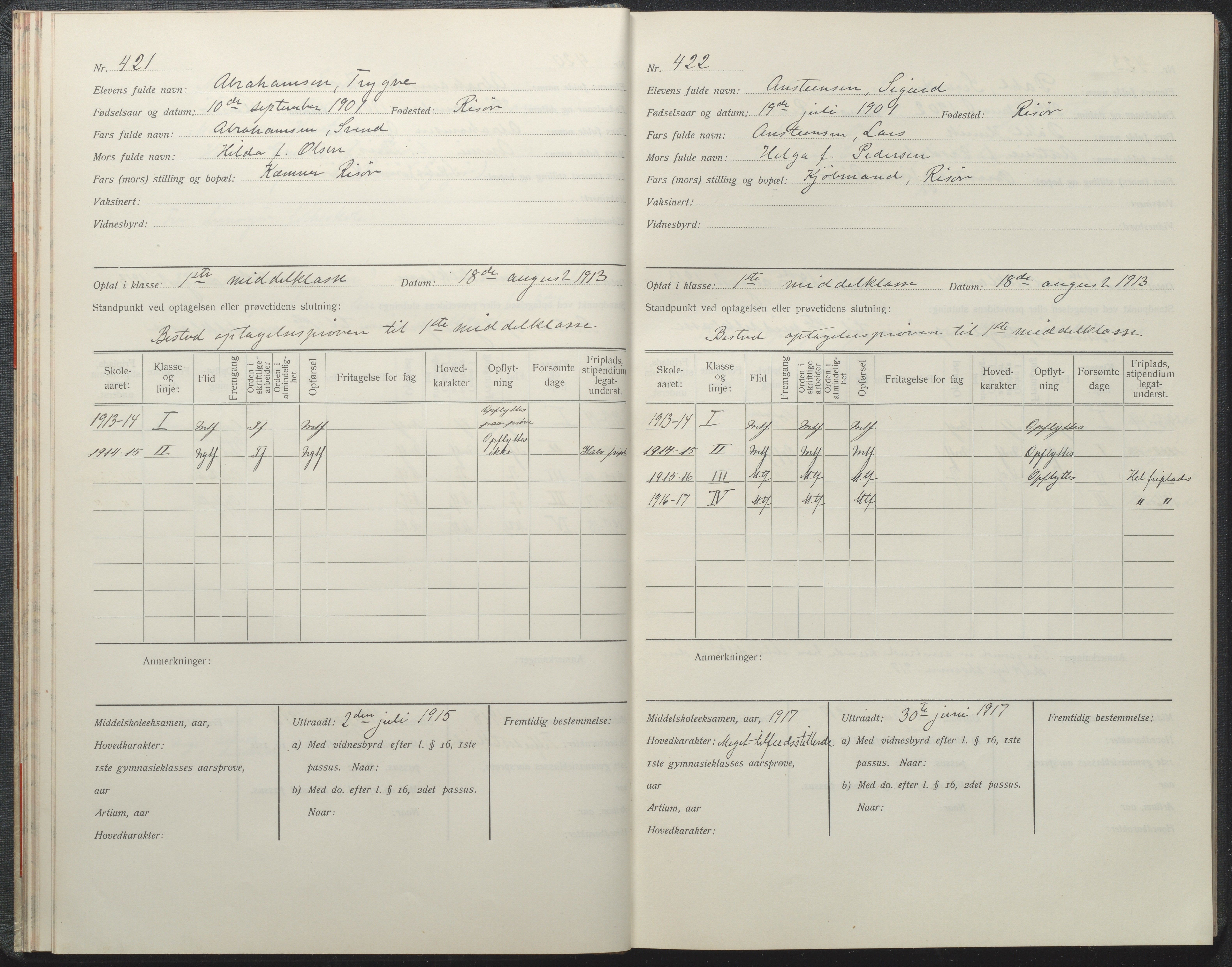 Risør kommune, AAKS/KA0901-PK/1/05/05i/L0002: Manntallsprotokoll, 1911-1925, p. 421-422