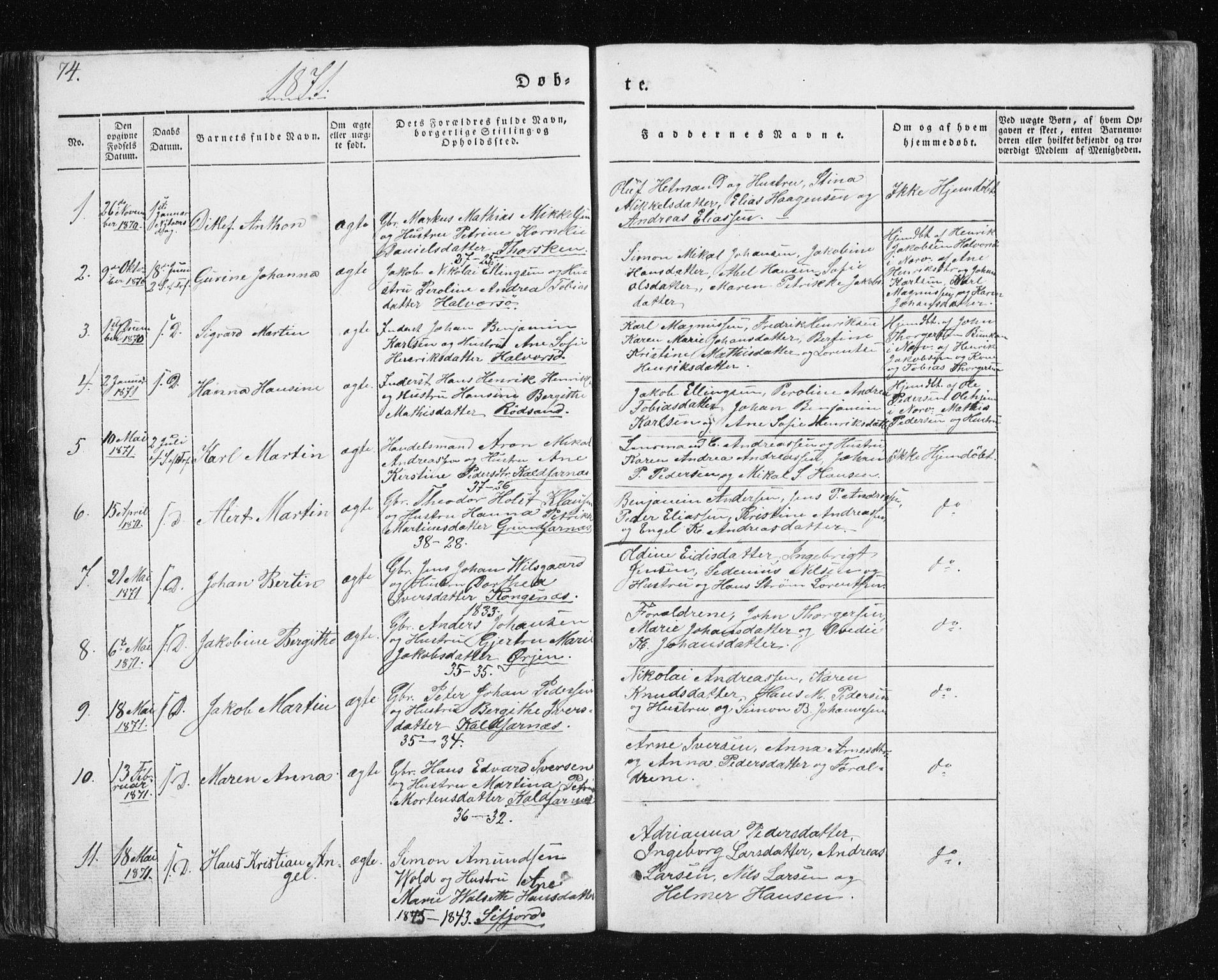 Berg sokneprestkontor, AV/SATØ-S-1318/G/Ga/Gab/L0011klokker: Parish register (copy) no. 11, 1833-1878, p. 74