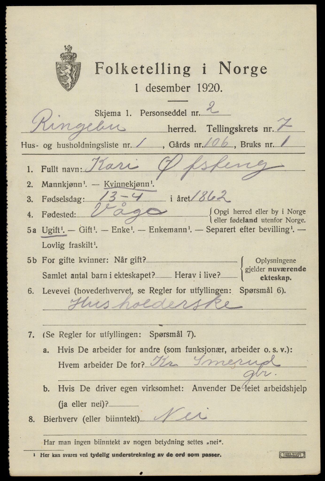 SAH, 1920 census for Ringebu, 1920, p. 7375