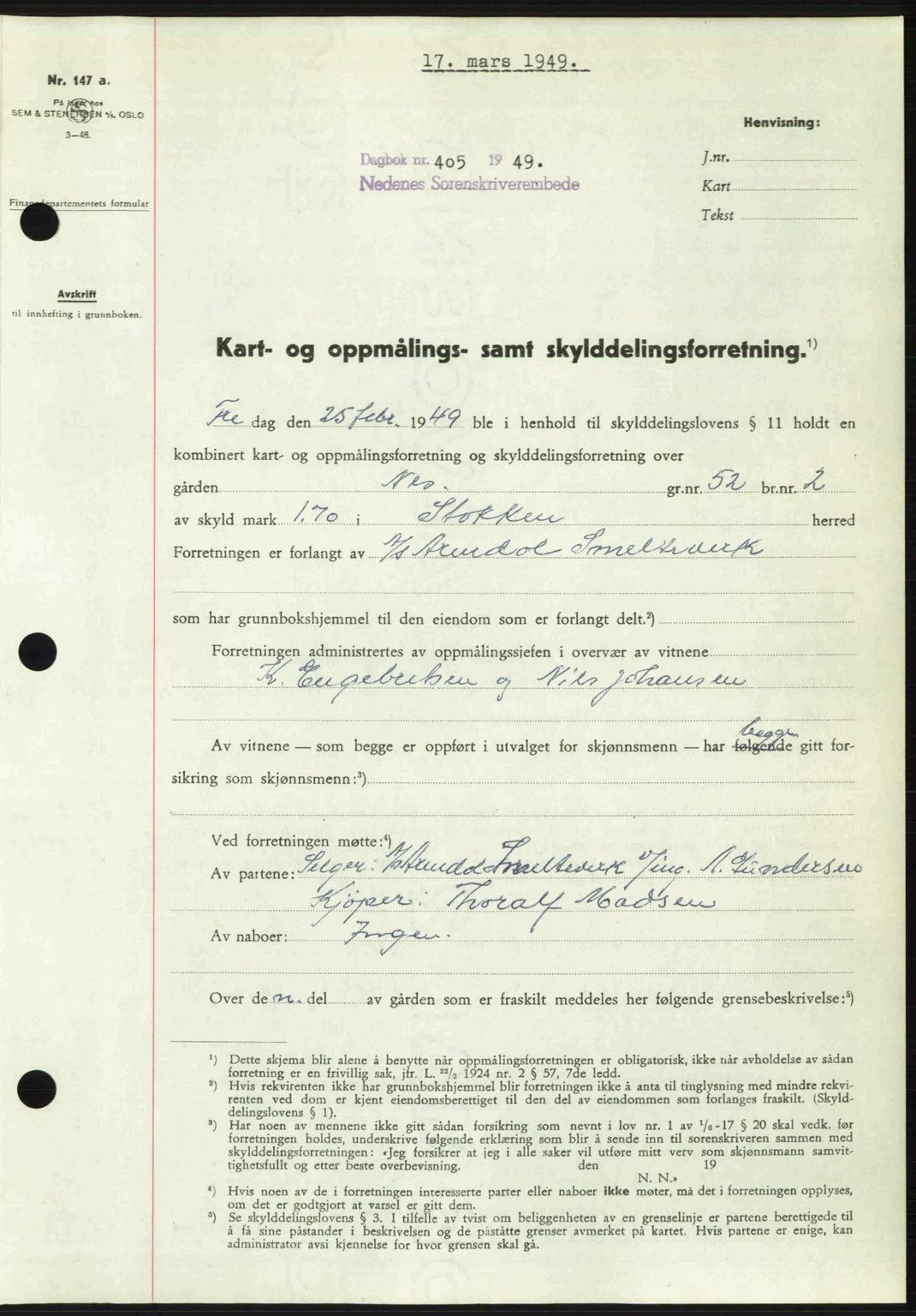 Nedenes sorenskriveri, AV/SAK-1221-0006/G/Gb/Gba/L0060: Mortgage book no. A12, 1948-1949, Diary no: : 405/1949