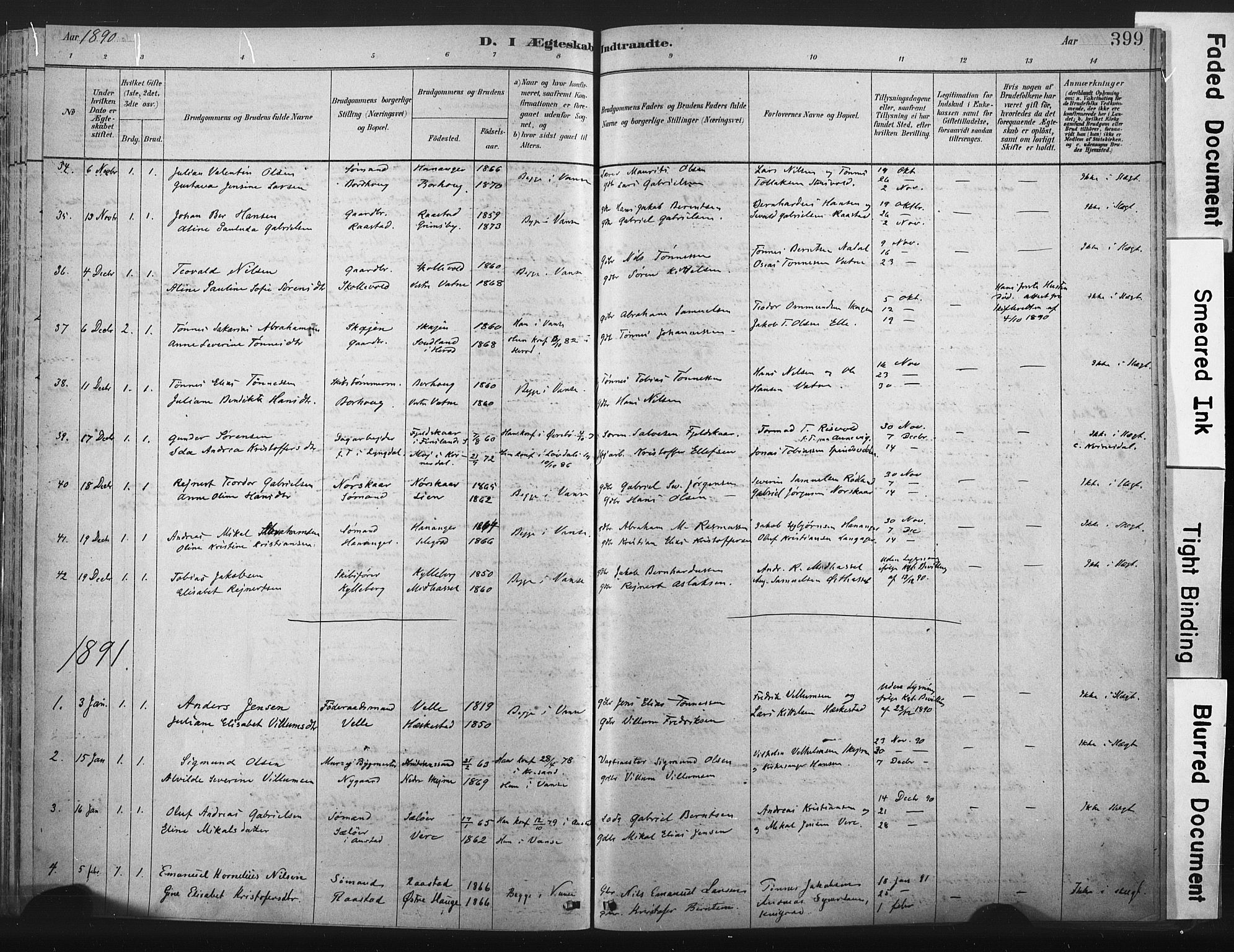 Lista sokneprestkontor, SAK/1111-0027/F/Fa/L0012: Parish register (official) no. A 12, 1879-1903, p. 399