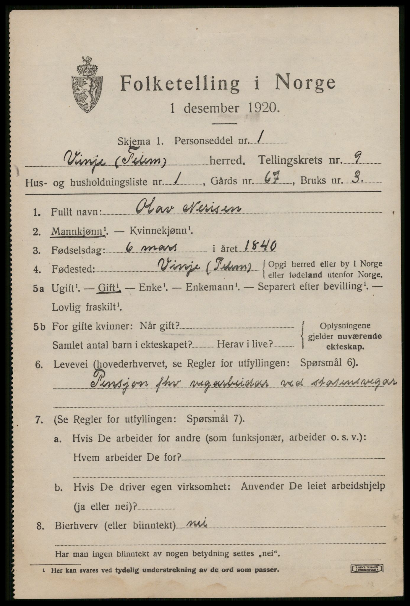 SAKO, 1920 census for Vinje, 1920, p. 2651