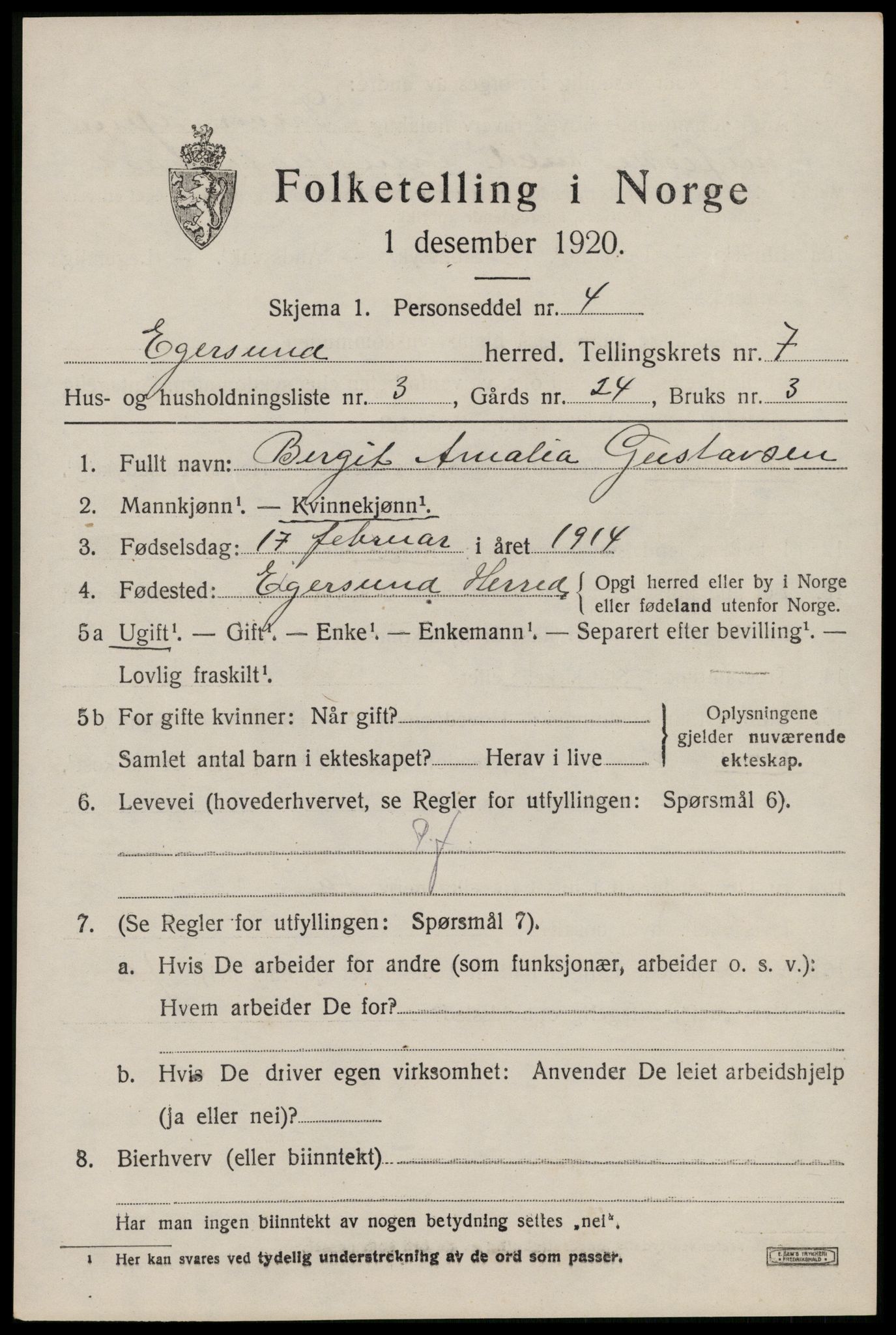 SAST, 1920 census for Eigersund, 1920, p. 4659