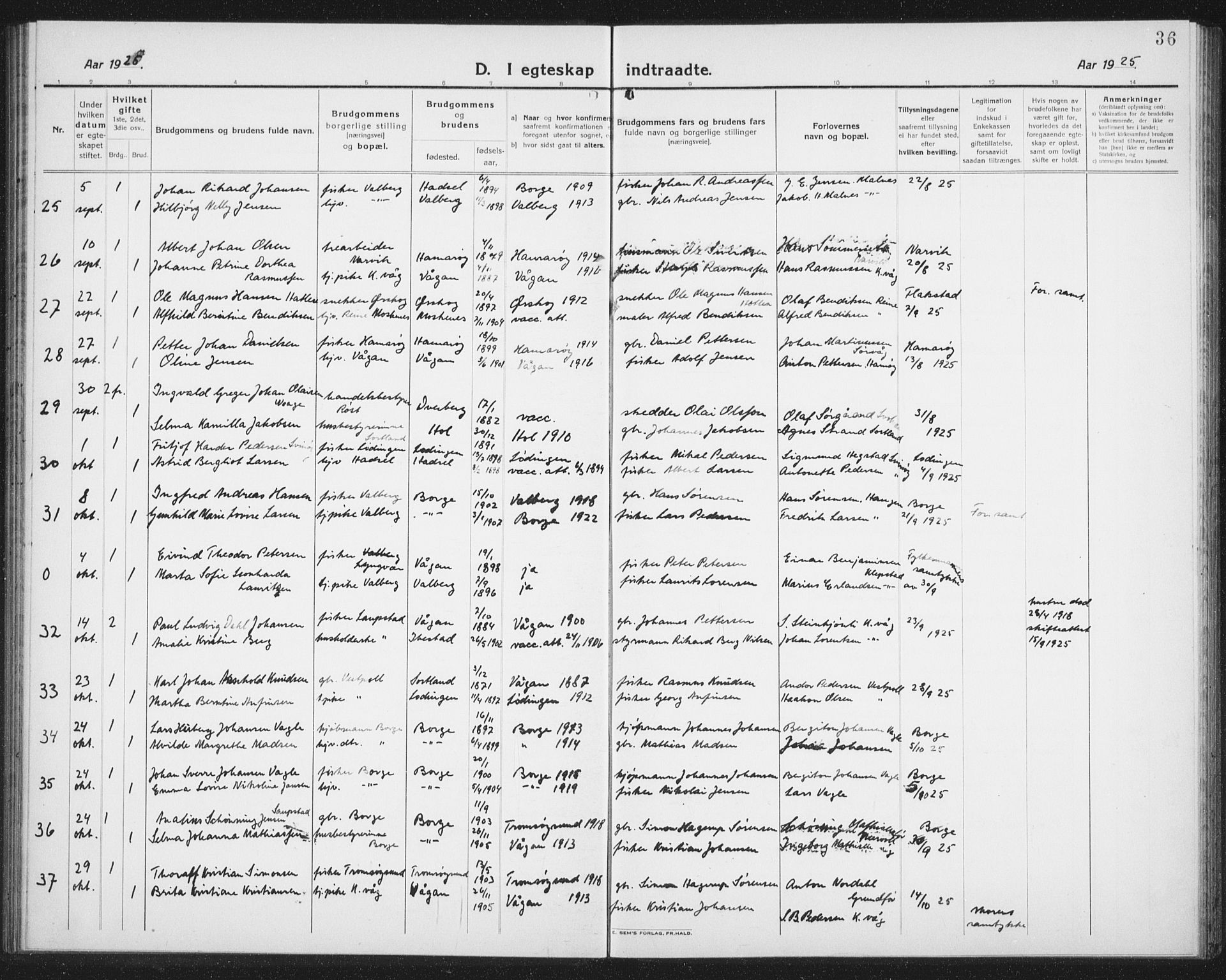 Ministerialprotokoller, klokkerbøker og fødselsregistre - Nordland, AV/SAT-A-1459/874/L1082: Parish register (copy) no. 874C11, 1920-1939, p. 36