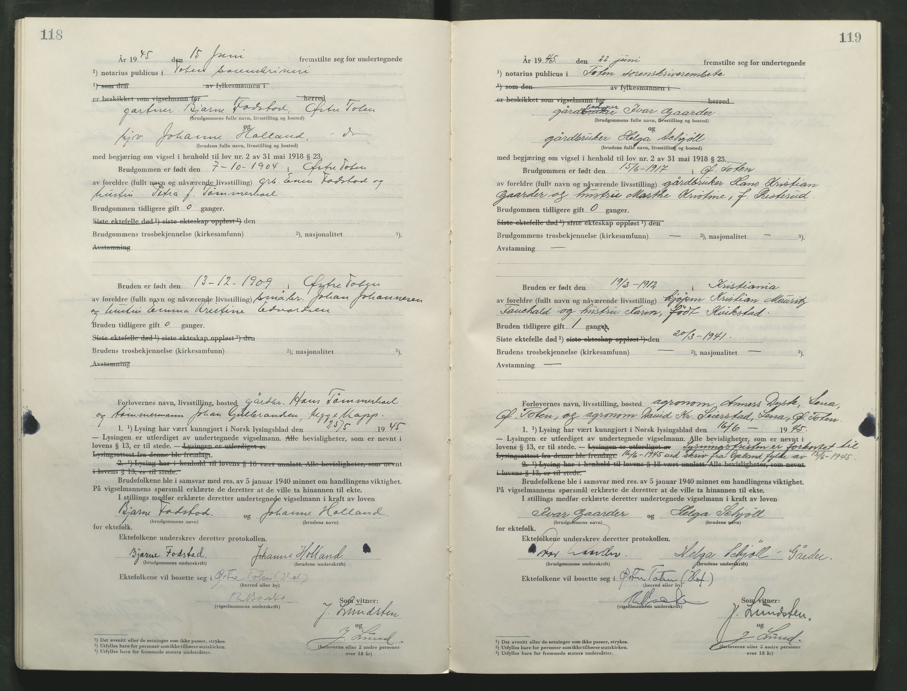 Toten tingrett, AV/SAH-TING-006/L/Lc/L0005: Vigselbok, 1944-1948, p. 118-119