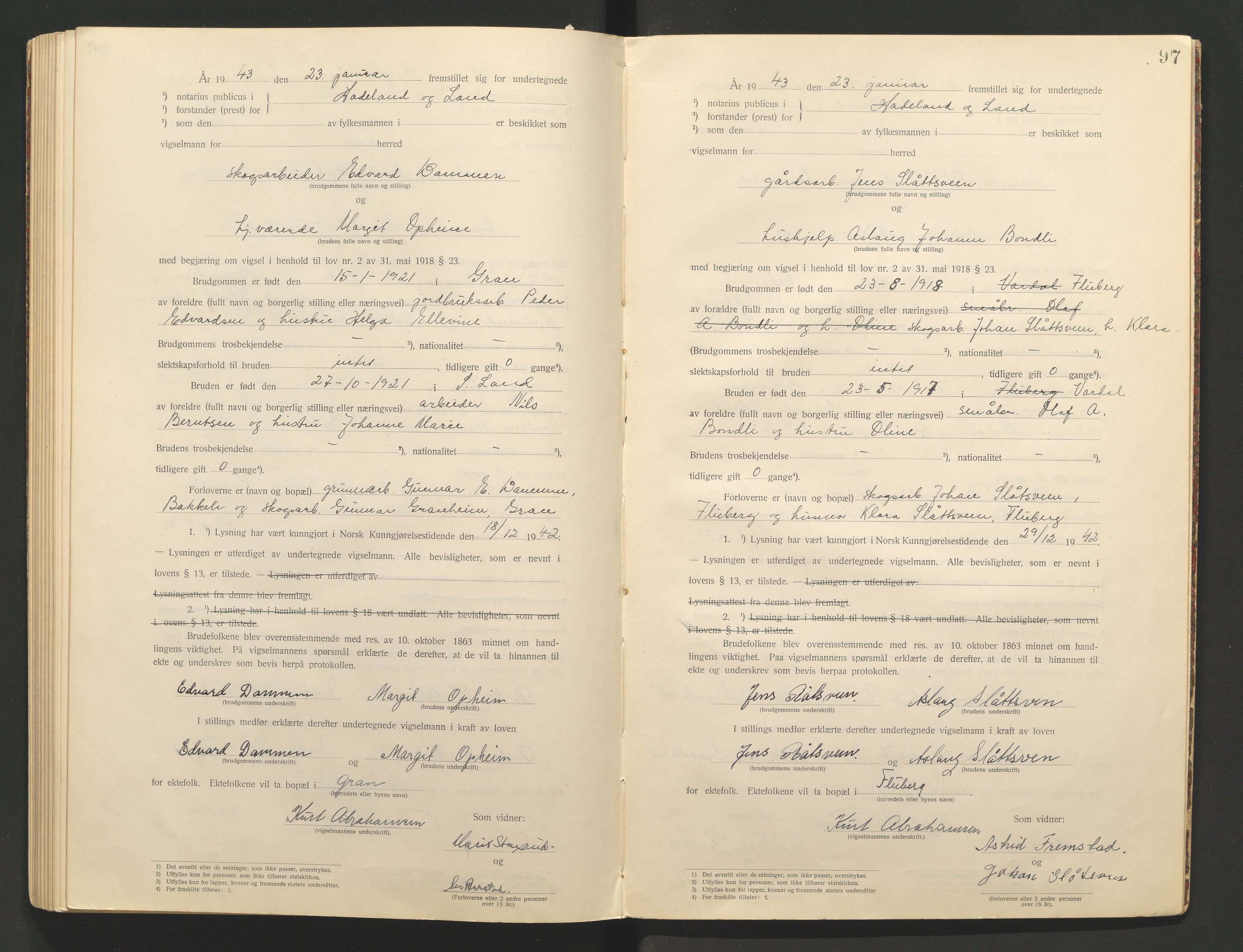 Hadeland og Land tingrett, AV/SAH-TING-010/L/Lb/L0001: Vigselbok, 1920-1943, p. 97