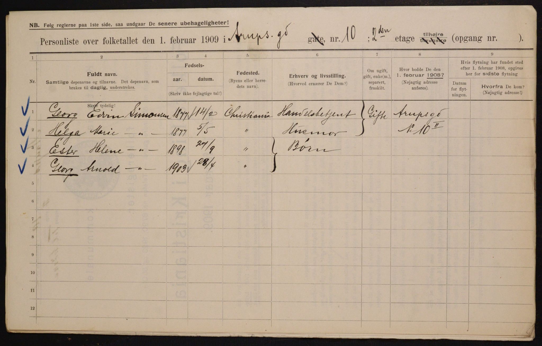 OBA, Municipal Census 1909 for Kristiania, 1909, p. 2115