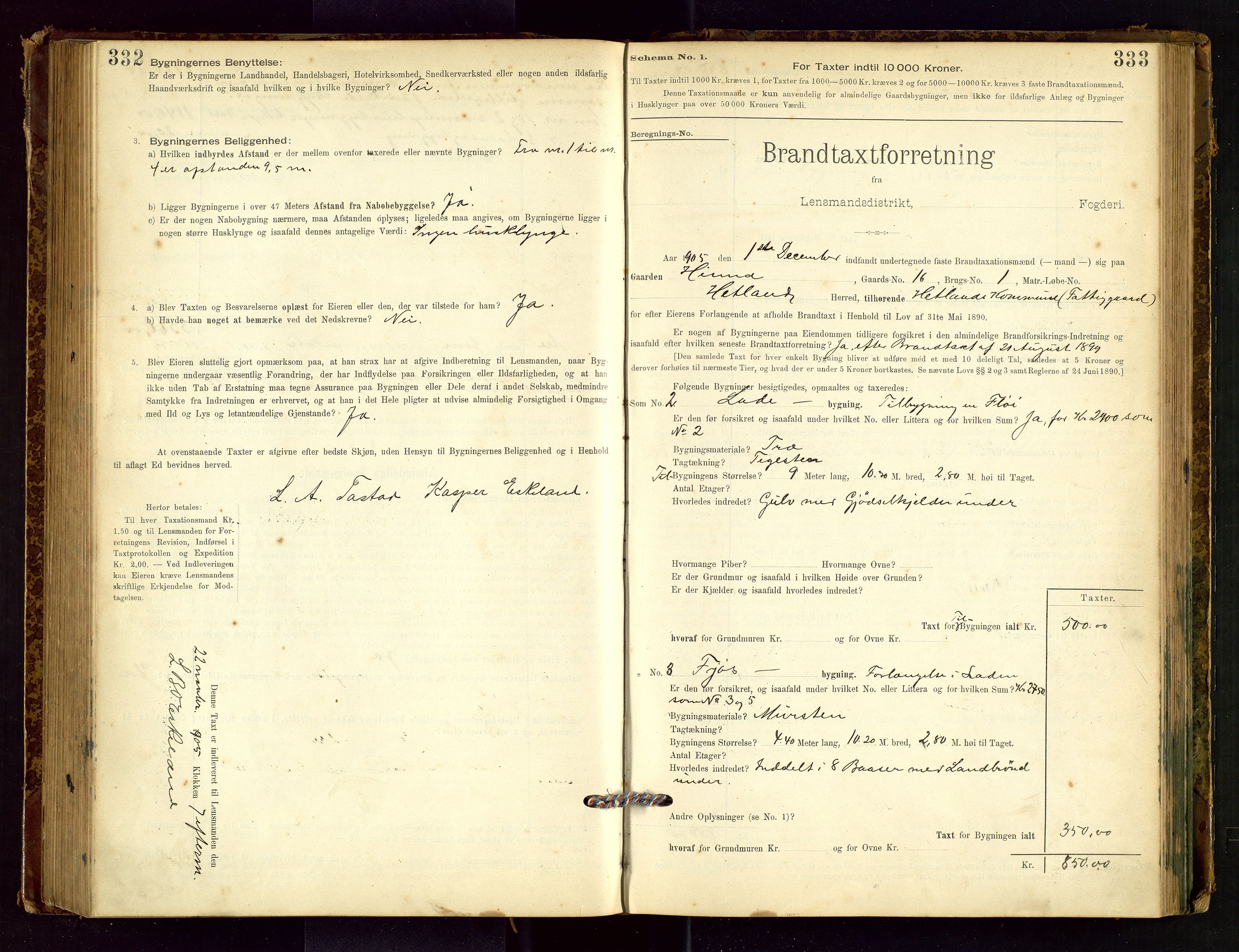 Hetland lensmannskontor, SAST/A-100101/Gob/L0001: "Brandtaxationsprotokol", 1895-1918, p. 332-333