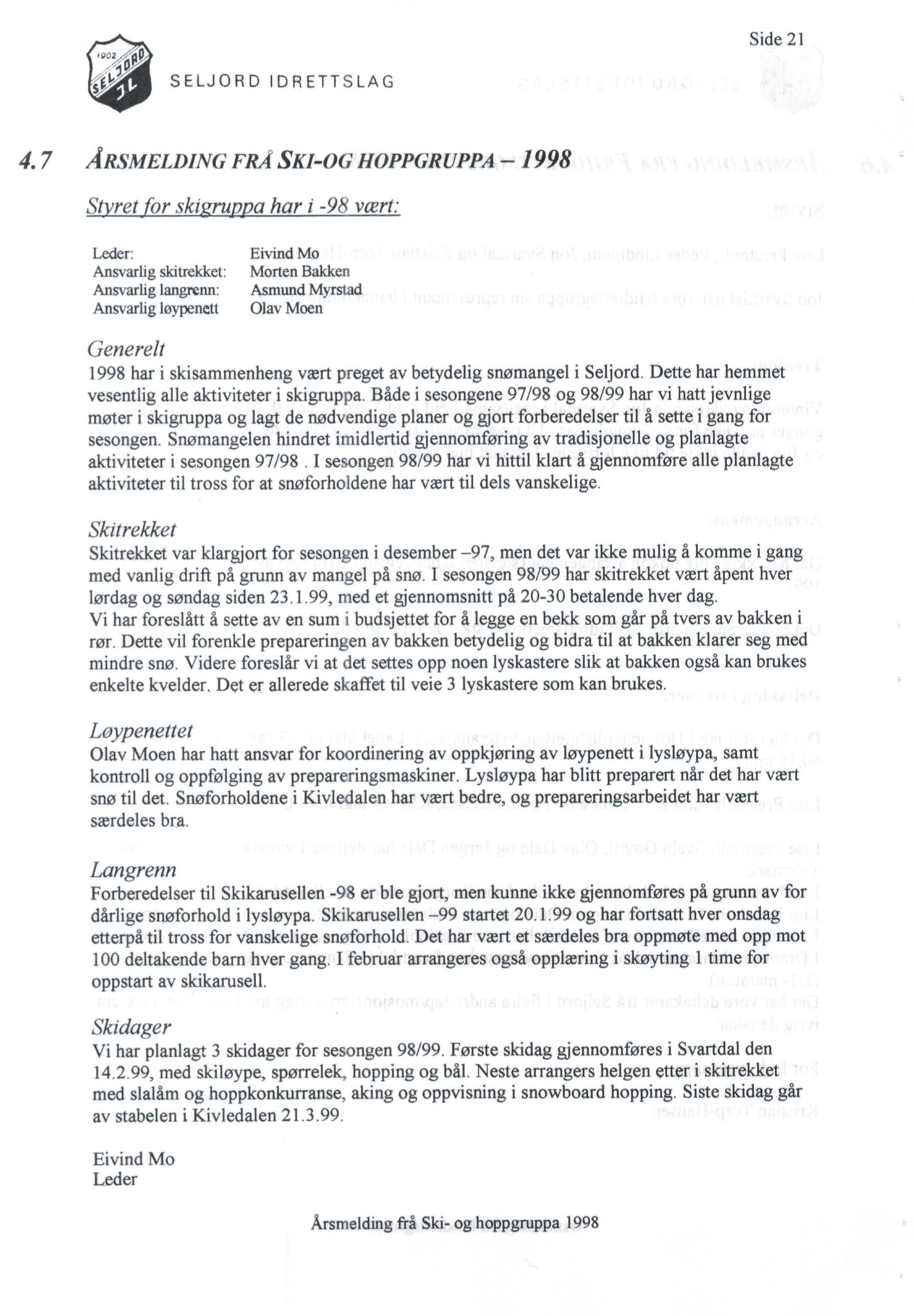 Seljord Idrettslag, VTM/A-1034/A/Ab/L0002: Årsmeldingar, 1998, p. 21