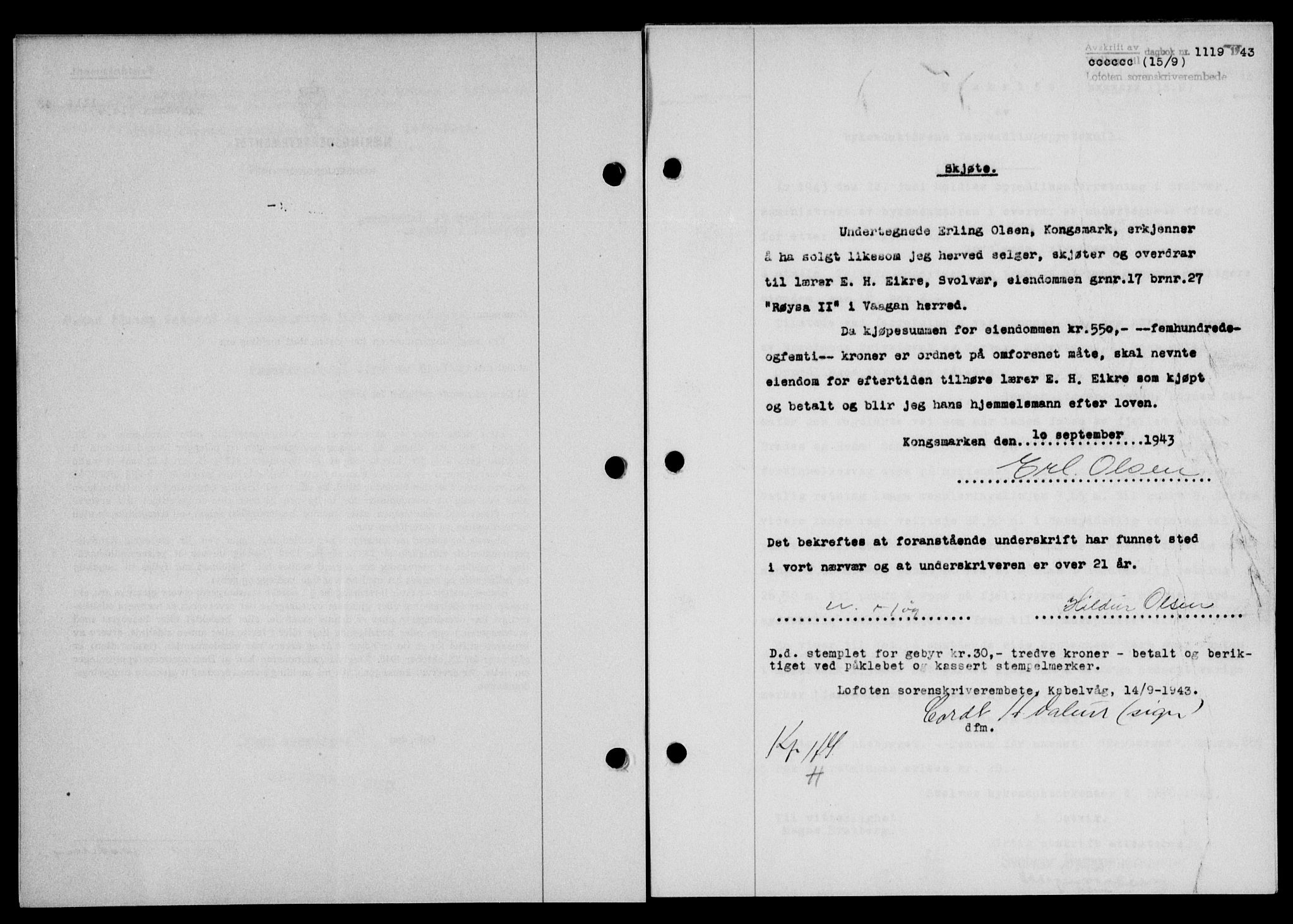 Lofoten sorenskriveri, SAT/A-0017/1/2/2C/L0011a: Mortgage book no. 11a, 1943-1943, Diary no: : 1119/1943