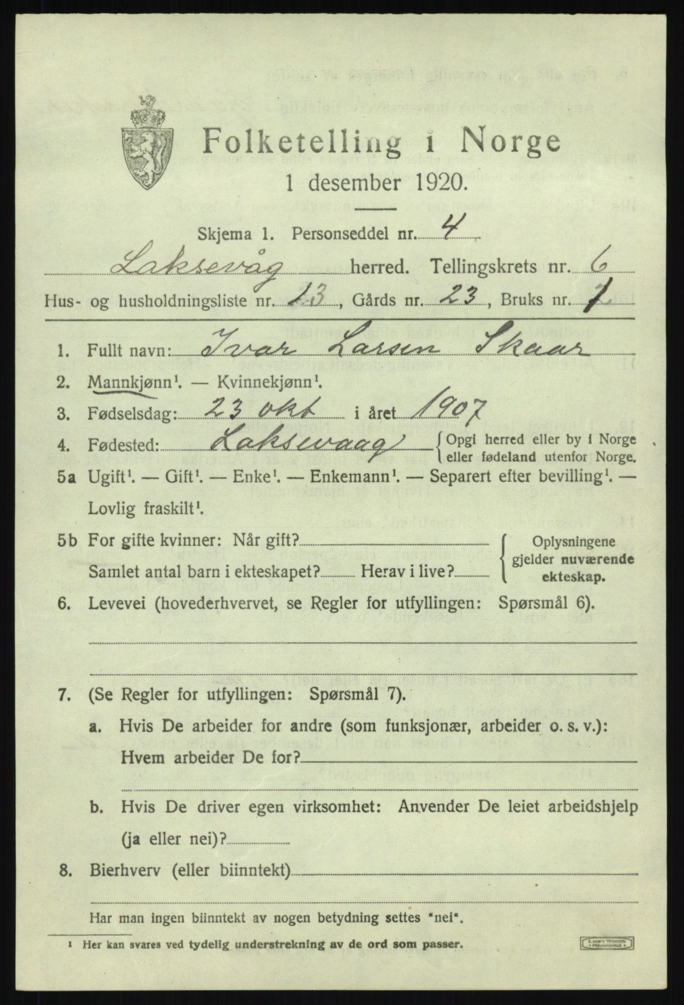 SAB, 1920 census for Laksevåg, 1920, p. 17314