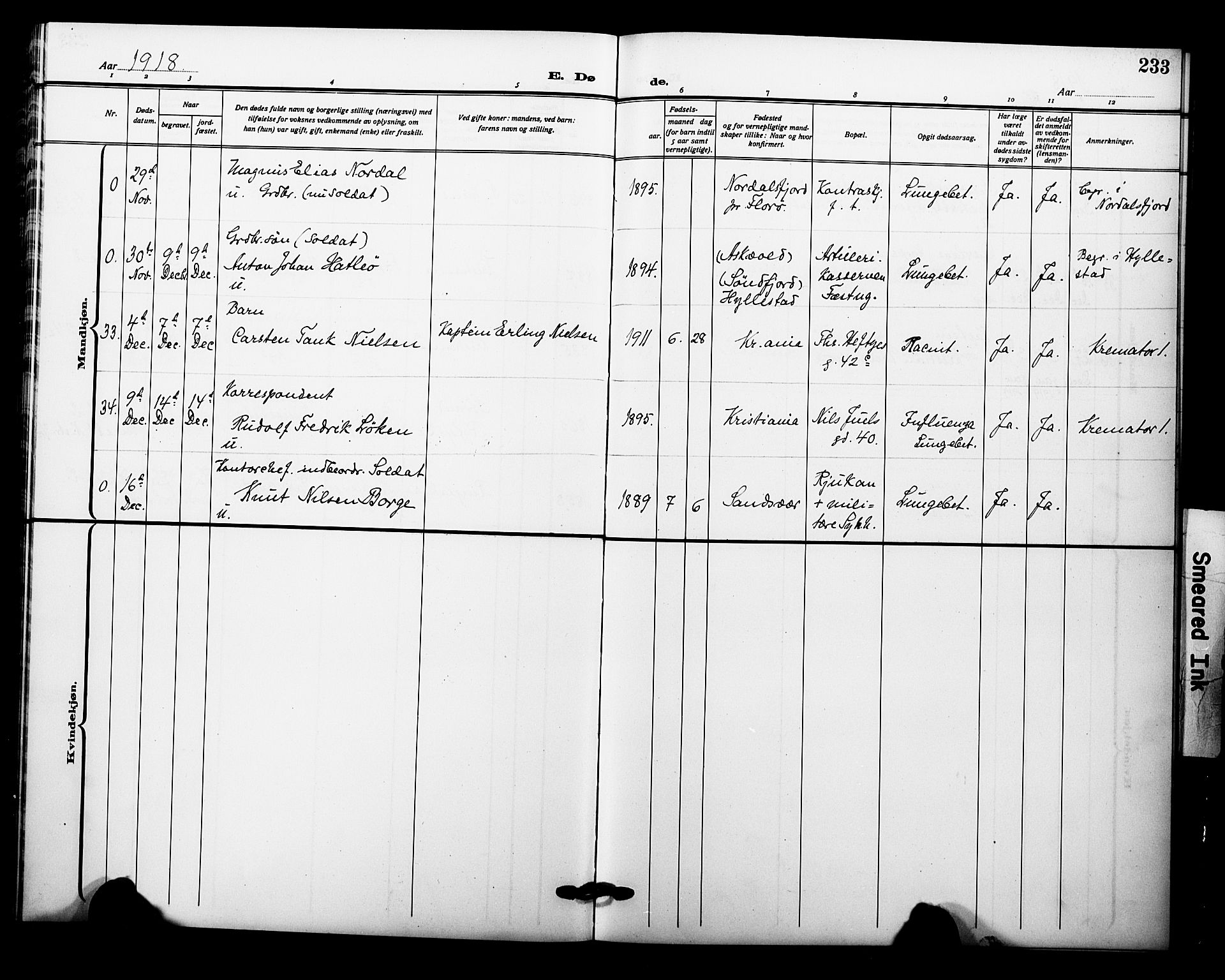 Garnisonsmenigheten Kirkebøker, AV/SAO-A-10846/F/Fa/L0015: Parish register (official) no. 15, 1915-1921, p. 233