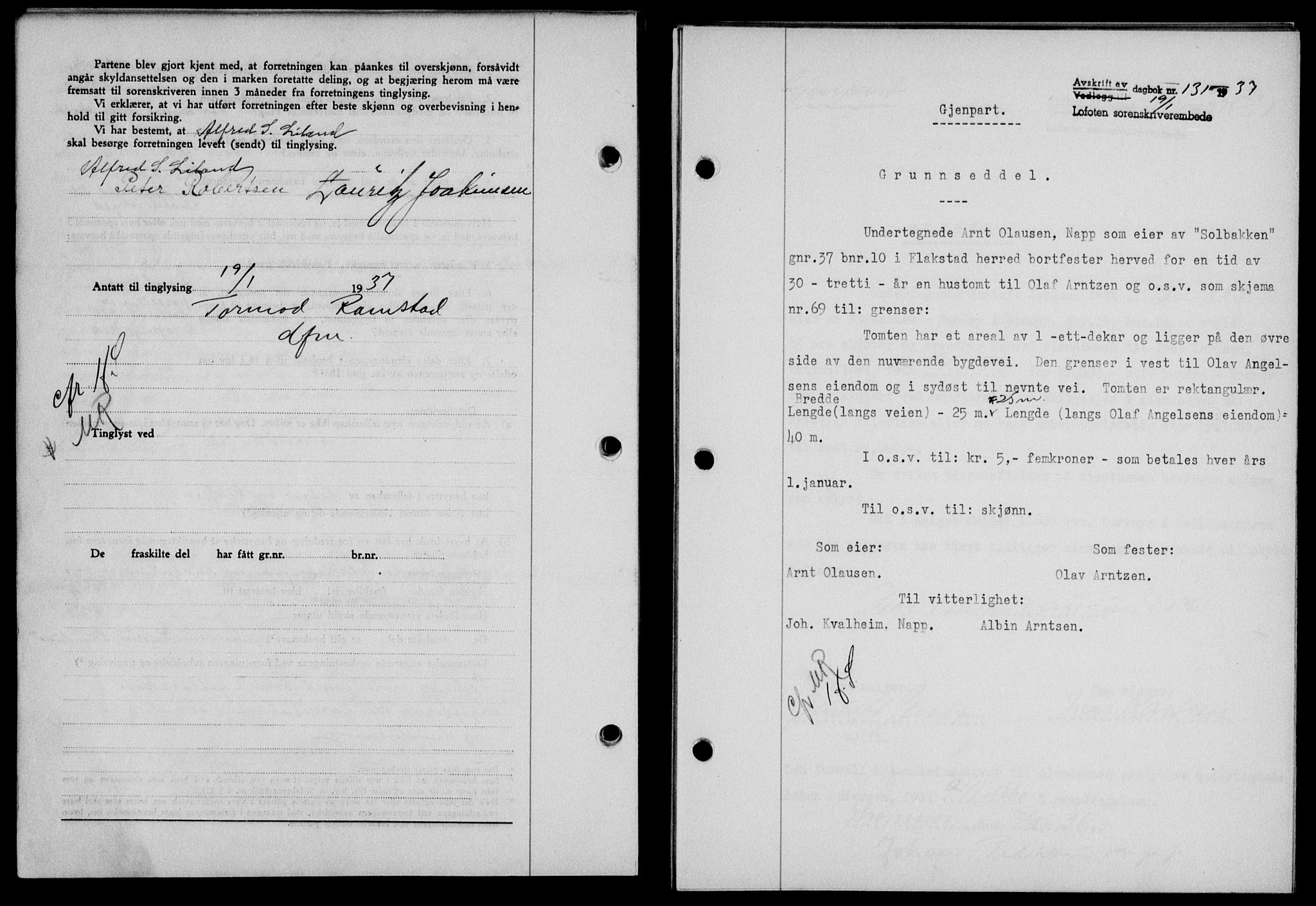 Lofoten sorenskriveri, SAT/A-0017/1/2/2C/L0001a: Mortgage book no. 1a, 1936-1937, Diary no: : 131/1937