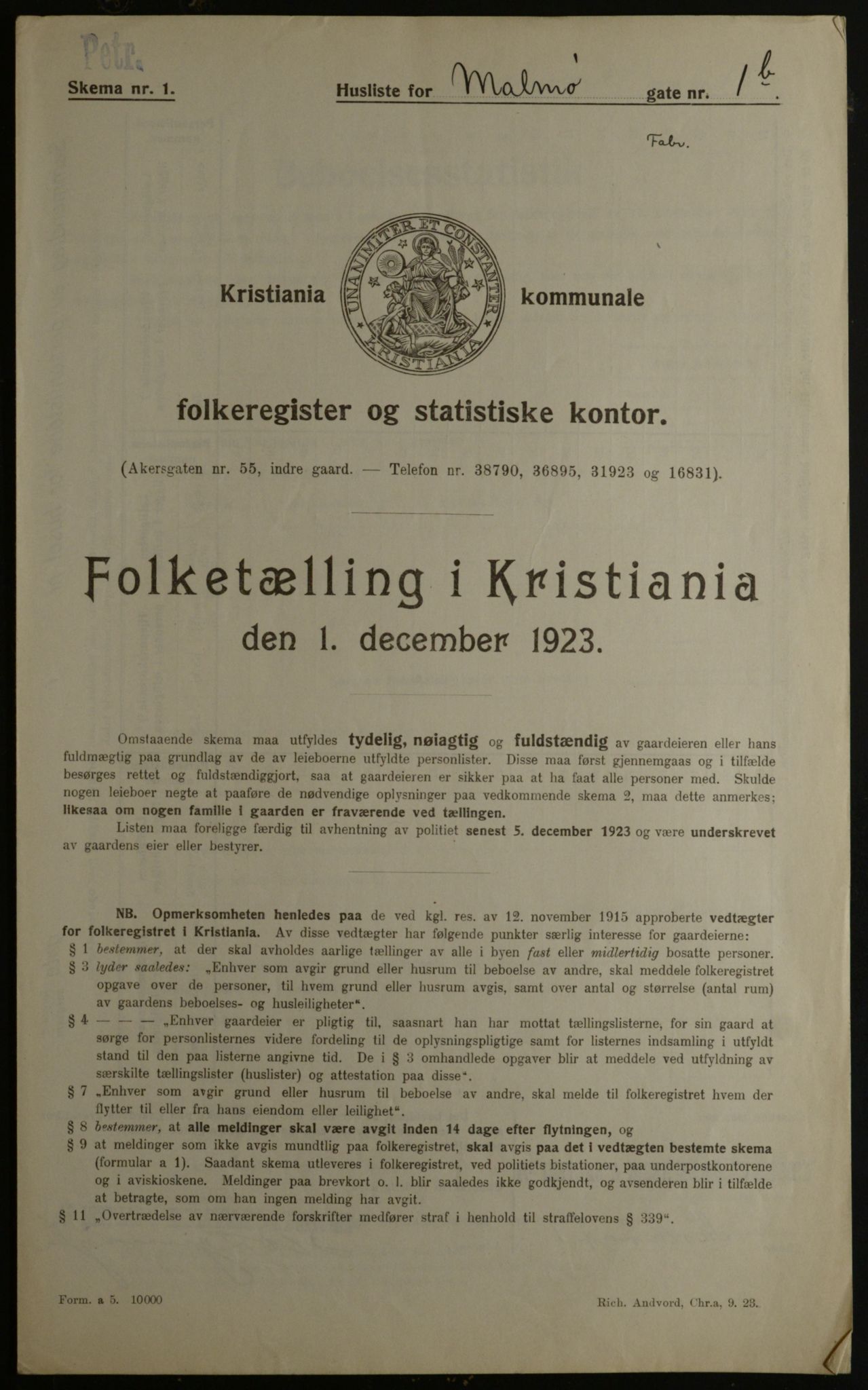 OBA, Municipal Census 1923 for Kristiania, 1923, p. 66757