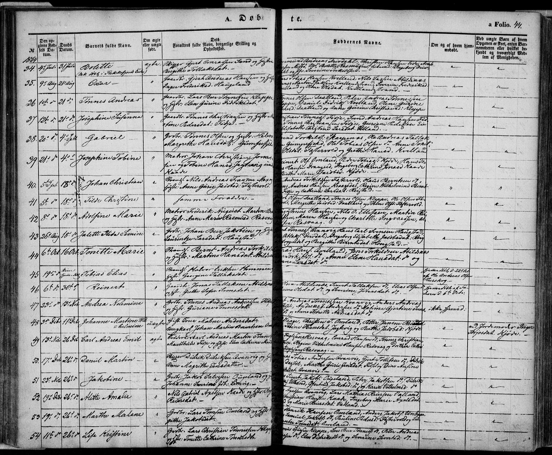 Flekkefjord sokneprestkontor, SAK/1111-0012/F/Fa/Fab/L0004: Parish register (official) no. A 4, 1850-1875, p. 44