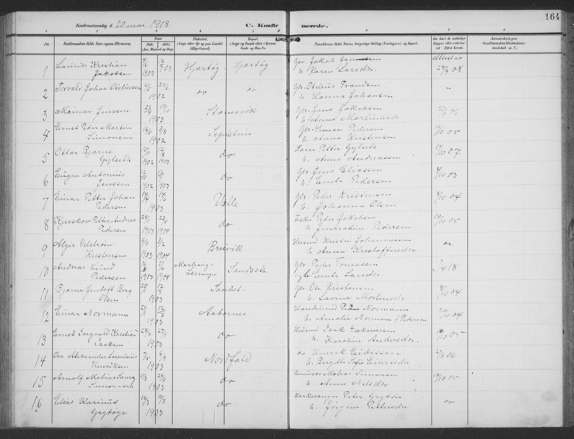 Ministerialprotokoller, klokkerbøker og fødselsregistre - Nordland, SAT/A-1459/858/L0835: Parish register (copy) no. 858C02, 1904-1940, p. 164