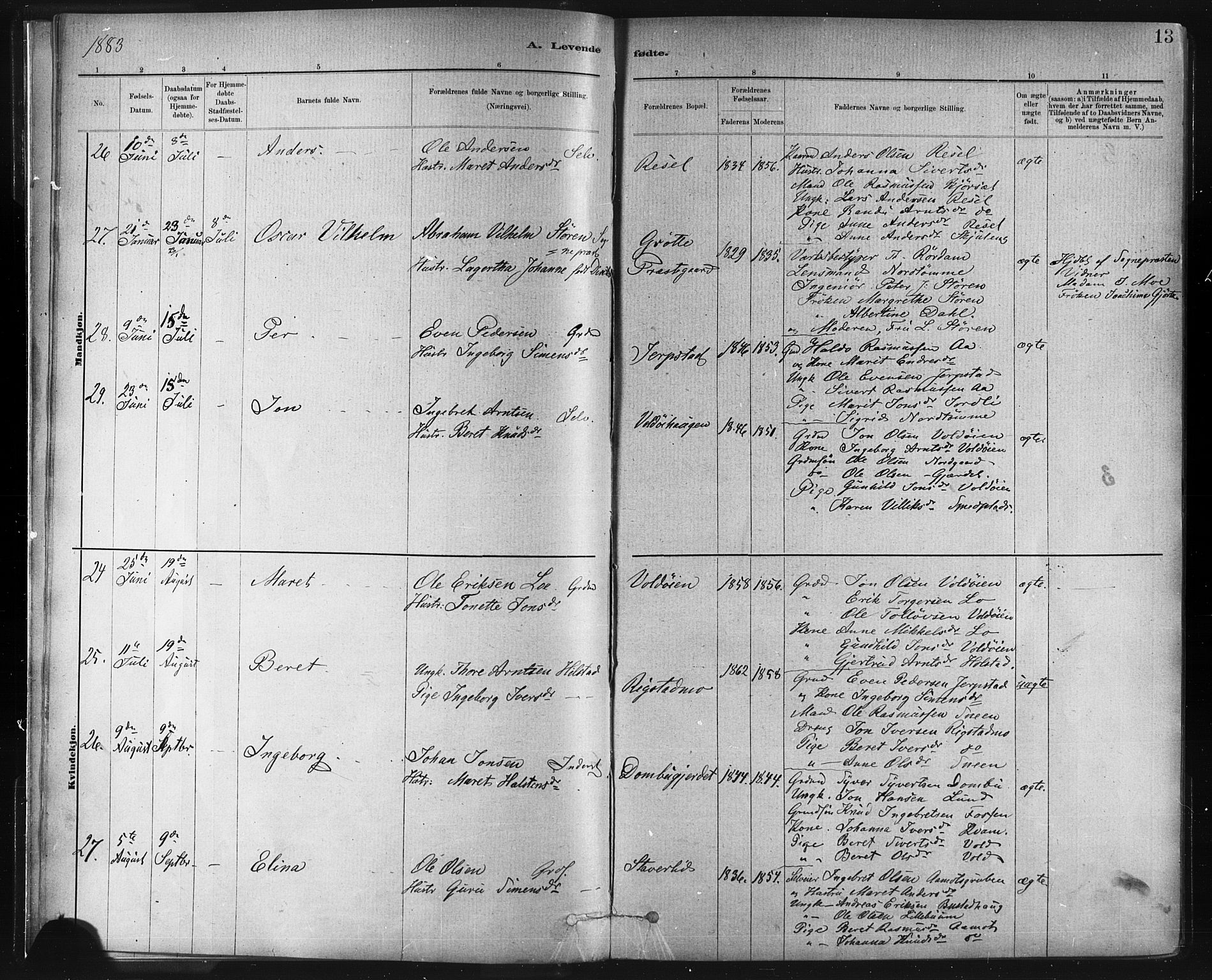 Ministerialprotokoller, klokkerbøker og fødselsregistre - Sør-Trøndelag, SAT/A-1456/672/L0857: Parish register (official) no. 672A09, 1882-1893, p. 13