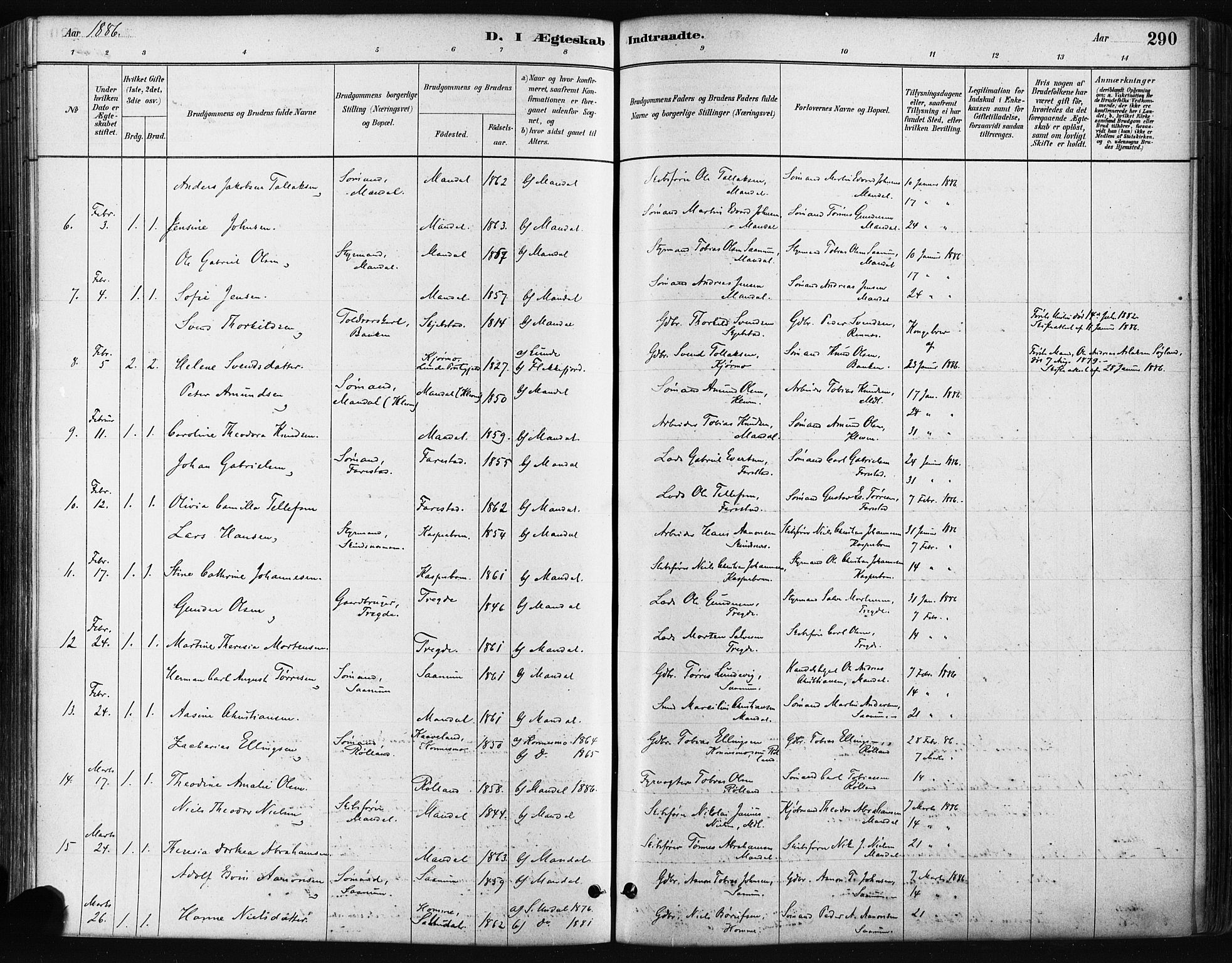 Mandal sokneprestkontor, AV/SAK-1111-0030/F/Fa/Faa/L0016: Parish register (official) no. A 16, 1880-1890, p. 290