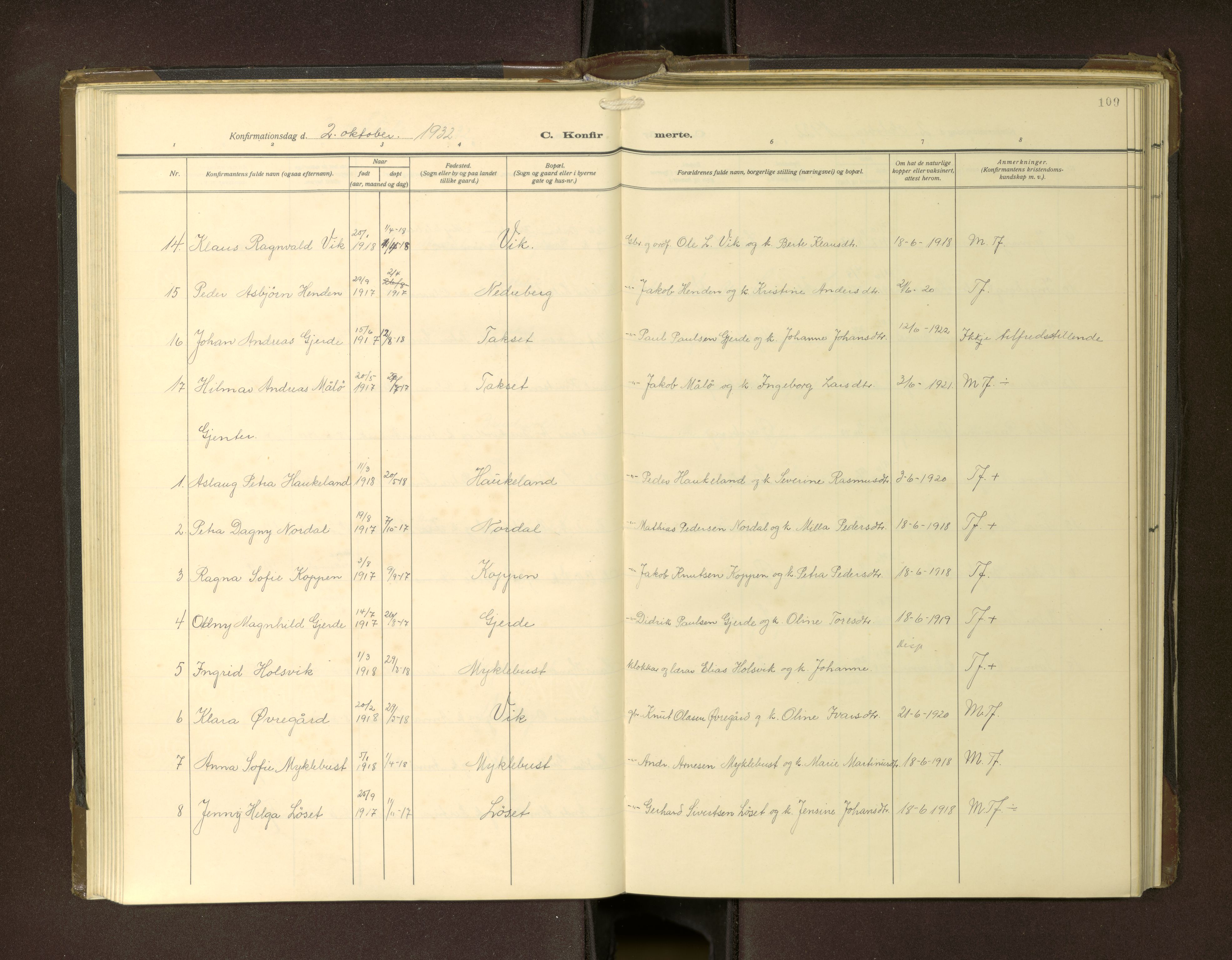 Ministerialprotokoller, klokkerbøker og fødselsregistre - Møre og Romsdal, AV/SAT-A-1454/502/L0029: Parish register (copy) no. 502---, 1932-1968, p. 109