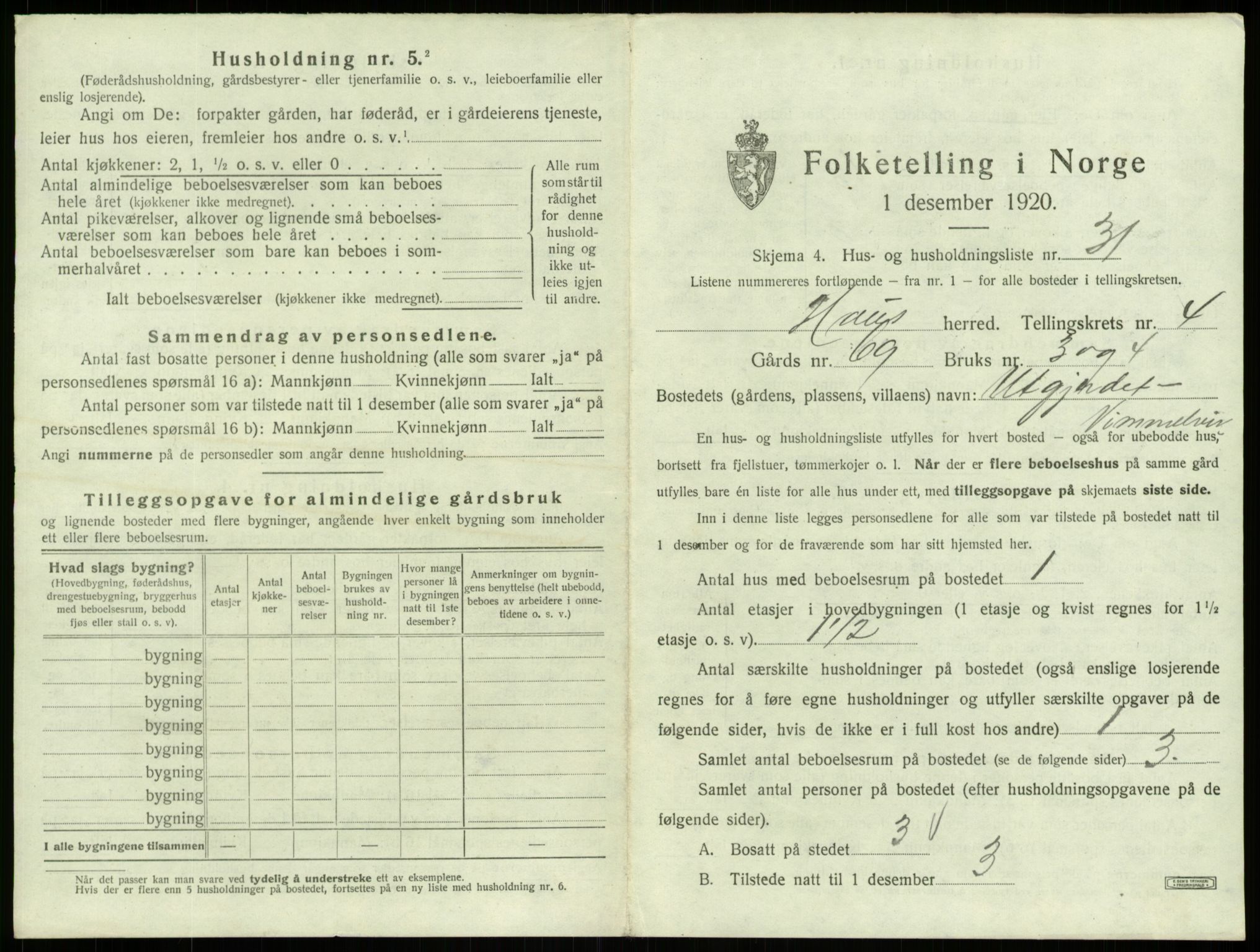 SAB, 1920 census for Haus, 1920, p. 316