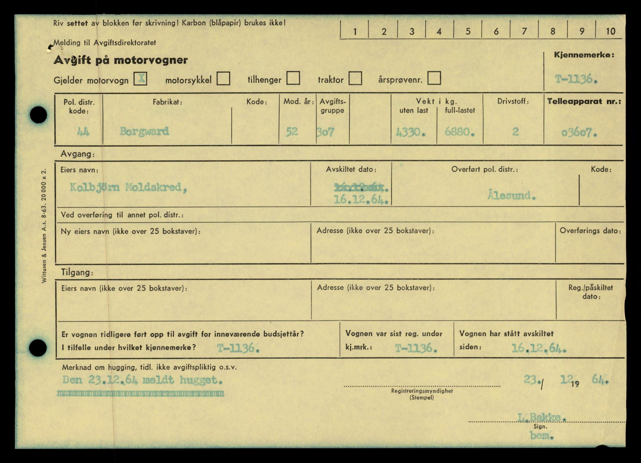 Møre og Romsdal vegkontor - Ålesund trafikkstasjon, AV/SAT-A-4099/F/Fe/L0010: Registreringskort for kjøretøy T 1050 - T 1169, 1927-1998, p. 2423