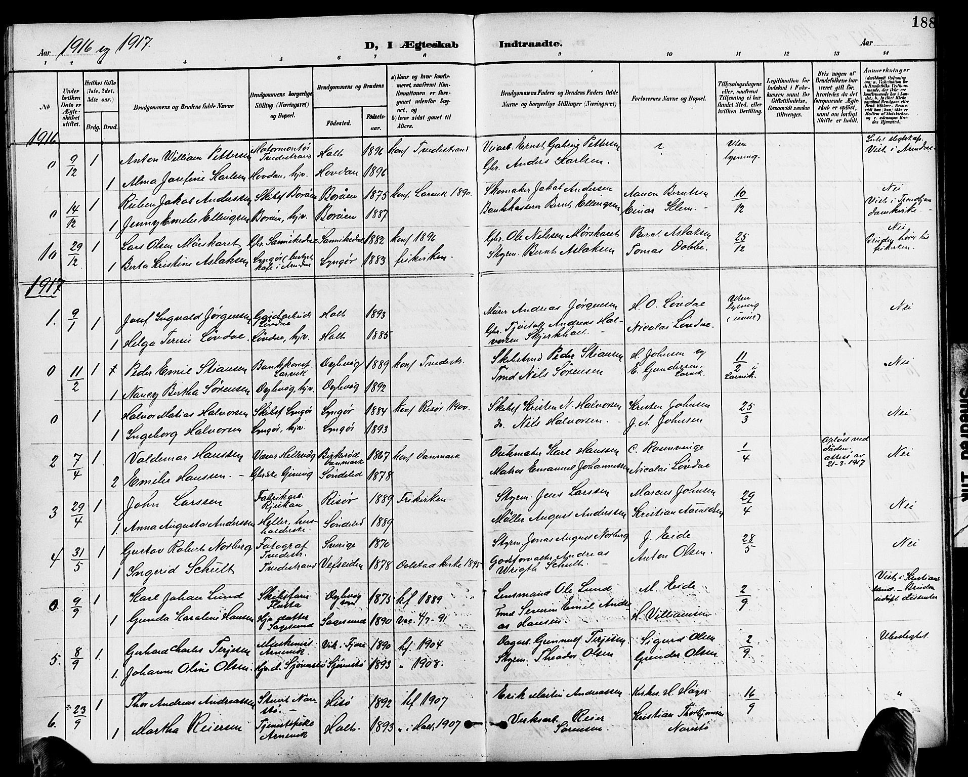Dypvåg sokneprestkontor, SAK/1111-0007/F/Fb/Fba/L0014: Parish register (copy) no. B 14, 1901-1922, p. 188