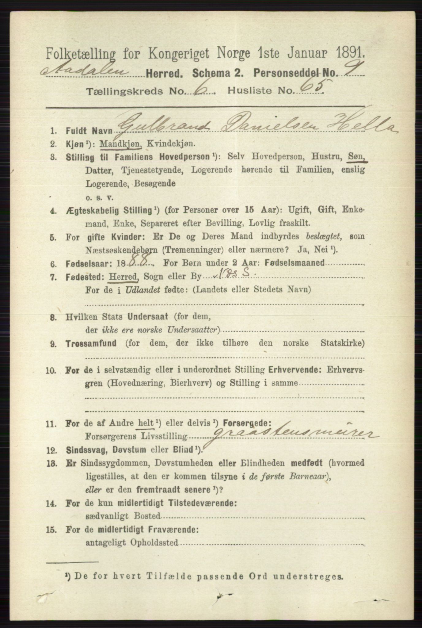 RA, 1891 census for 0614 Ådal, 1891, p. 3008